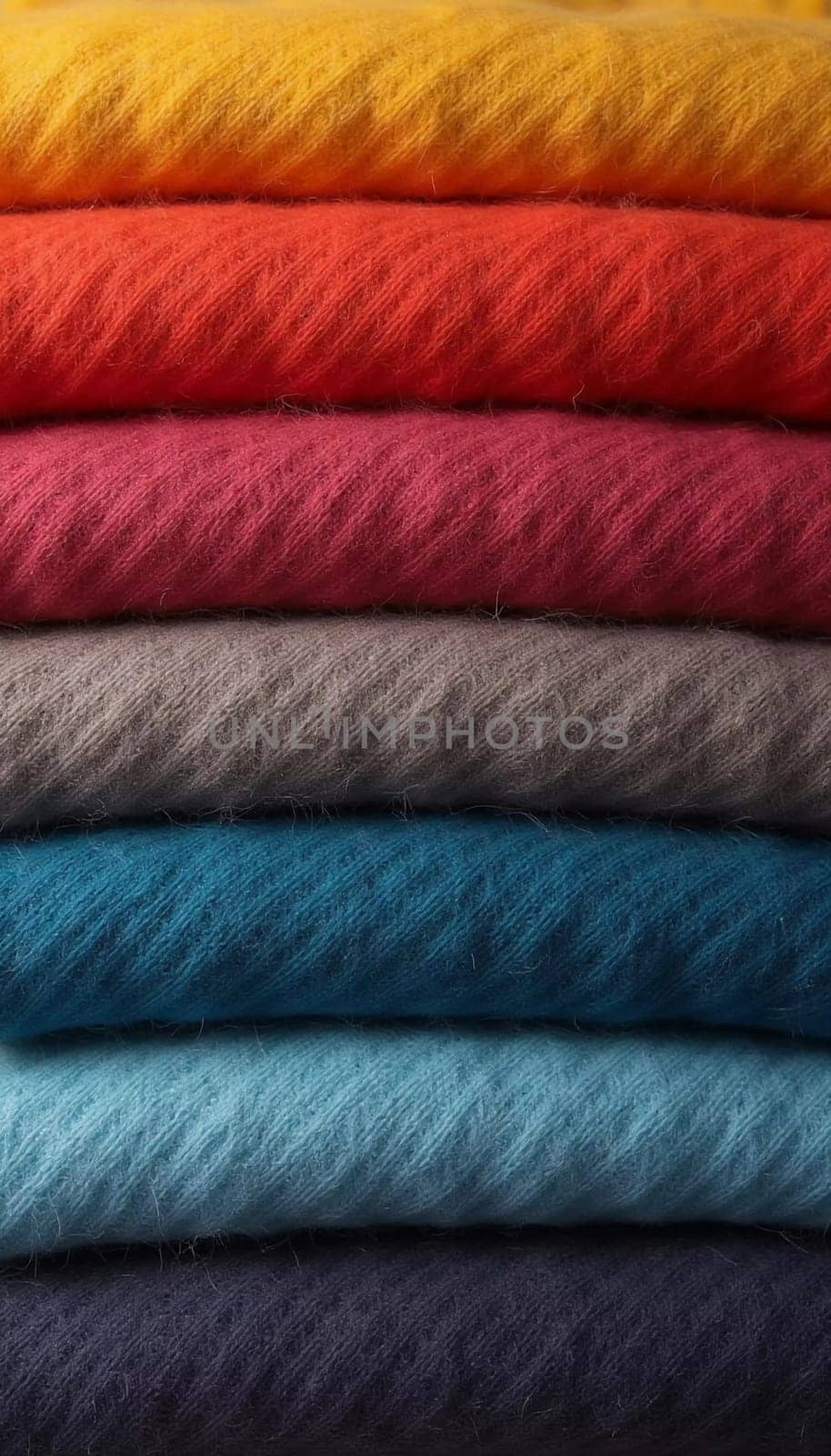 Various samples of woolen fabric in different colors are neatly organized, showcasing a vibrant palette ideal for textile design and creative projects. Generative AI.