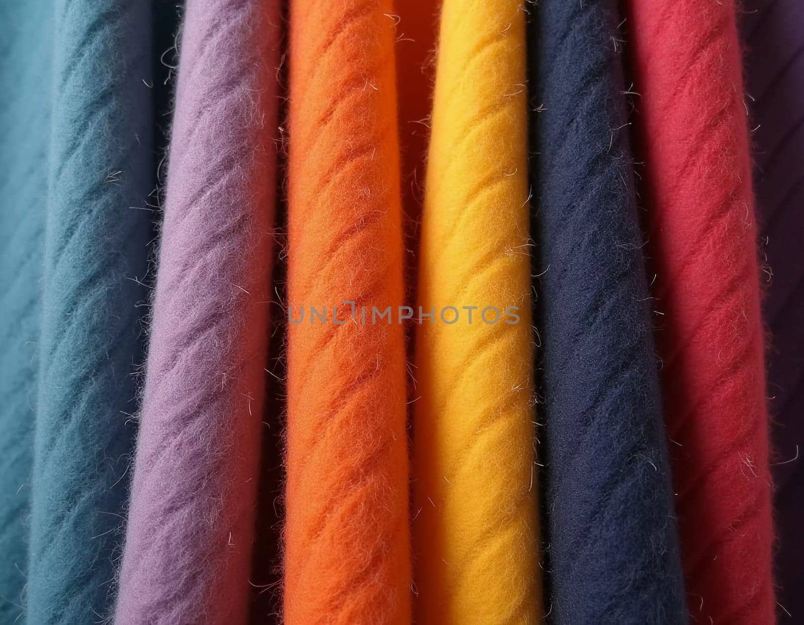 Various samples of woolen fabric in different colors are neatly organized, showcasing a vibrant palette ideal for textile design and creative projects. Generative AI.