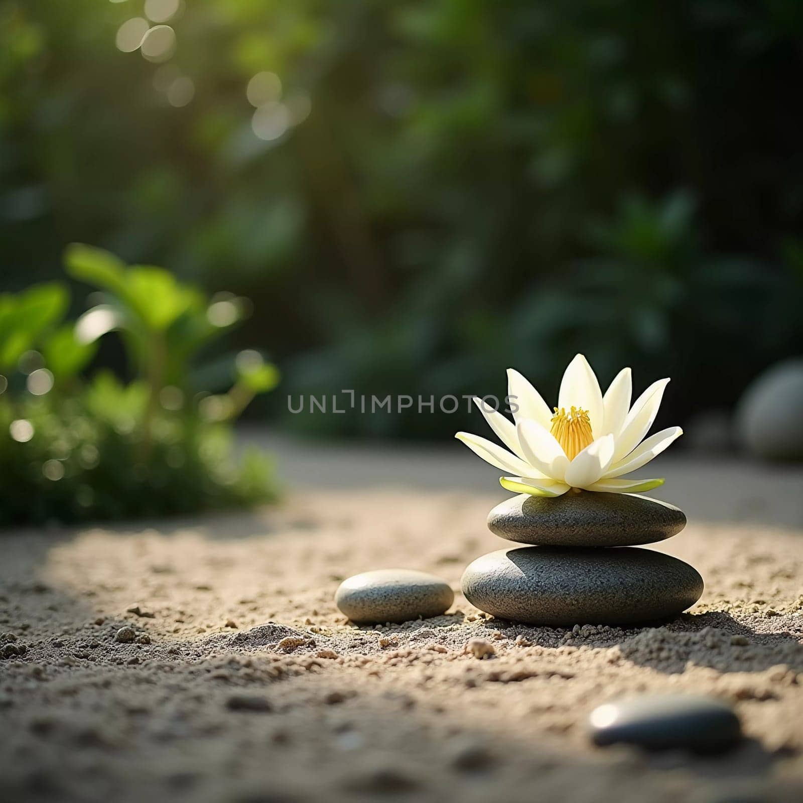 Smooth stones are carefully stacked beside a delicate white lily in a serene garden setting. Soft sunlight filters through the greenery, enhancing the peaceful vibe. Generative AI.