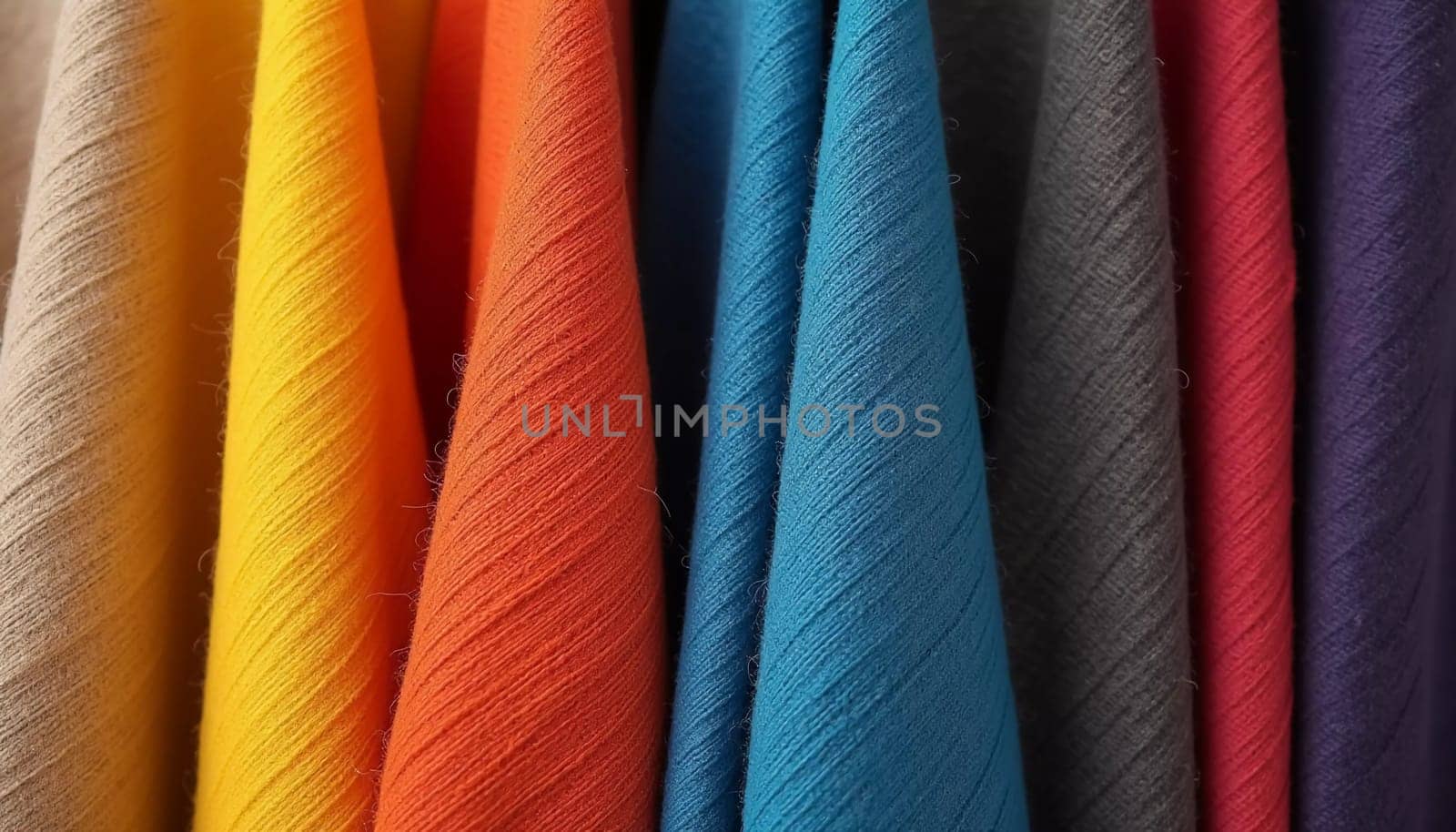 Various samples of woolen fabric in different colors are neatly organized, showcasing a vibrant palette ideal for textile design and creative projects. Generative AI.