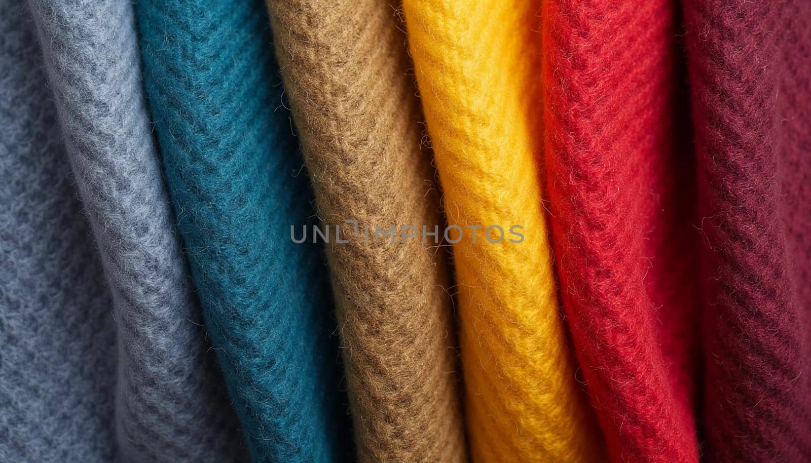 Various samples of woolen fabric in different colors are neatly organized, showcasing a vibrant palette ideal for textile design and creative projects. Generative AI.