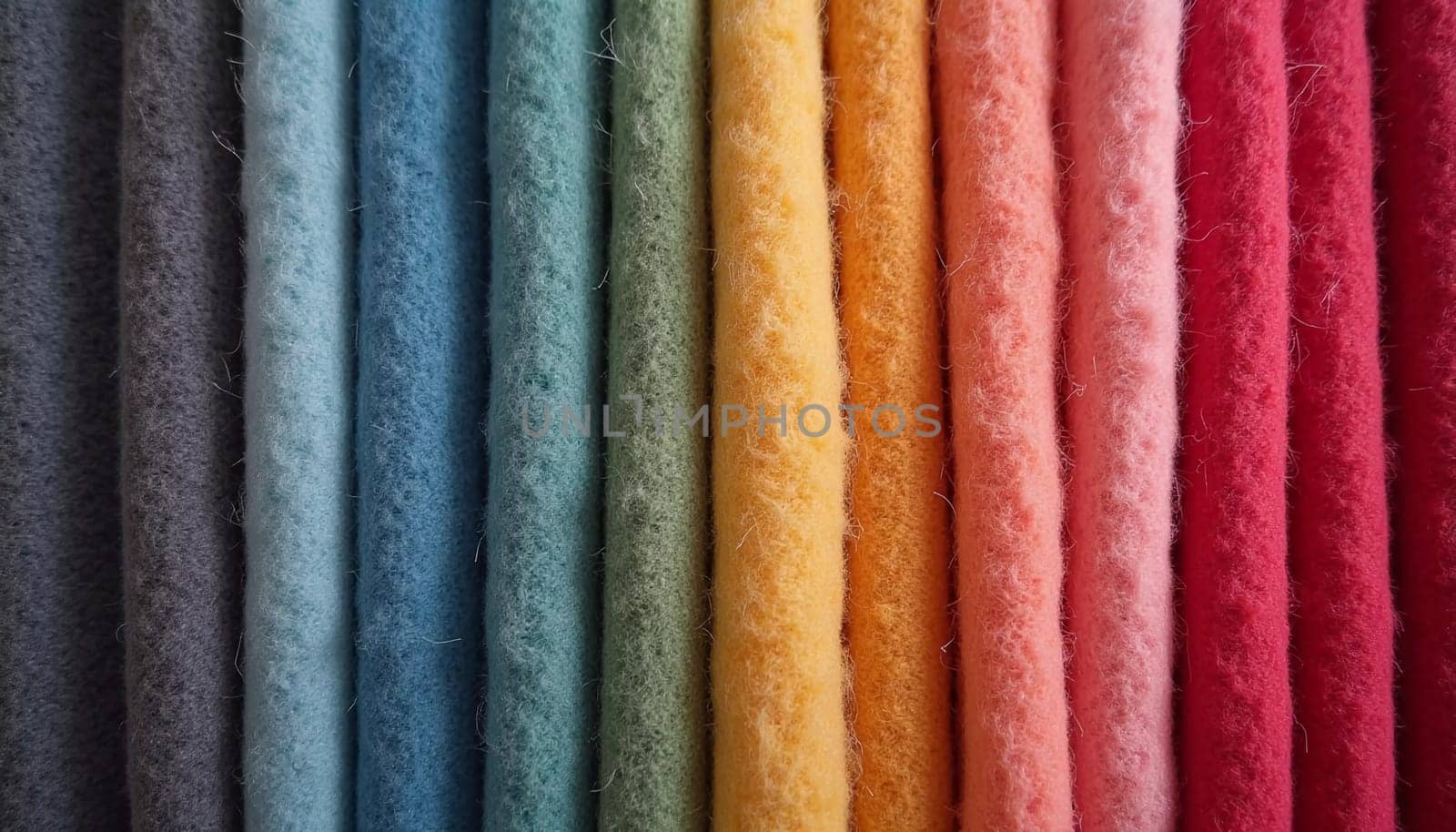 Various samples of woolen fabric in different colors are neatly organized, showcasing a vibrant palette ideal for textile design and creative projects. Generative AI.