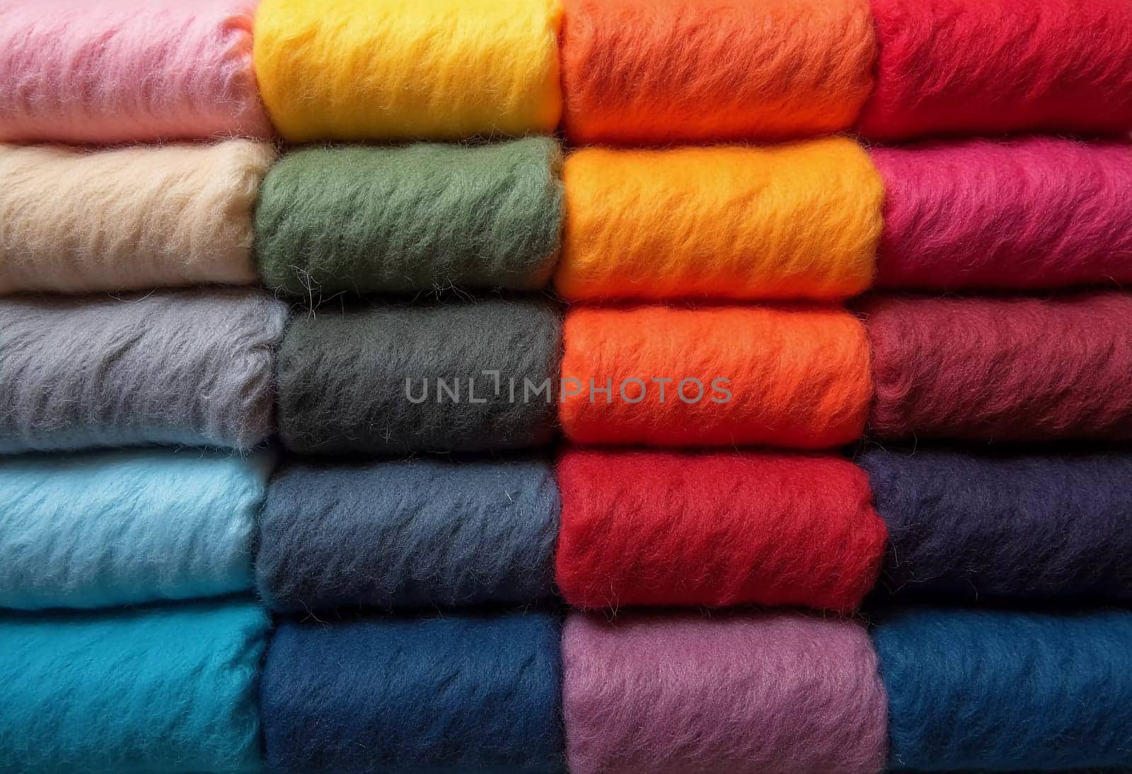 Various samples of woolen fabric in different colors are neatly organized, showcasing a vibrant palette ideal for textile design and creative projects. Generative AI.