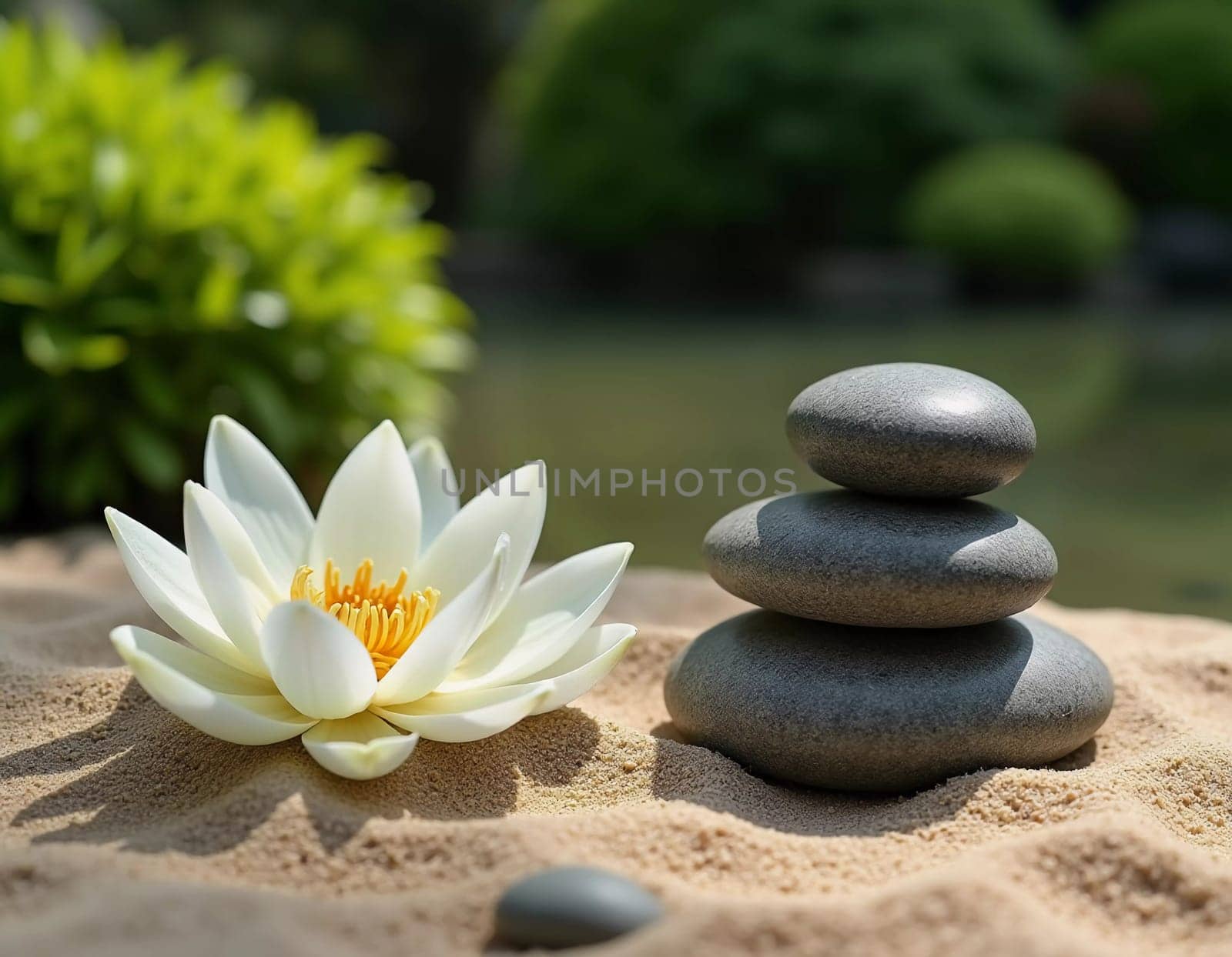 Smooth stones are carefully stacked beside a delicate white lily in a serene garden setting. Soft sunlight filters through the greenery, enhancing the peaceful vibe. Generative AI.
