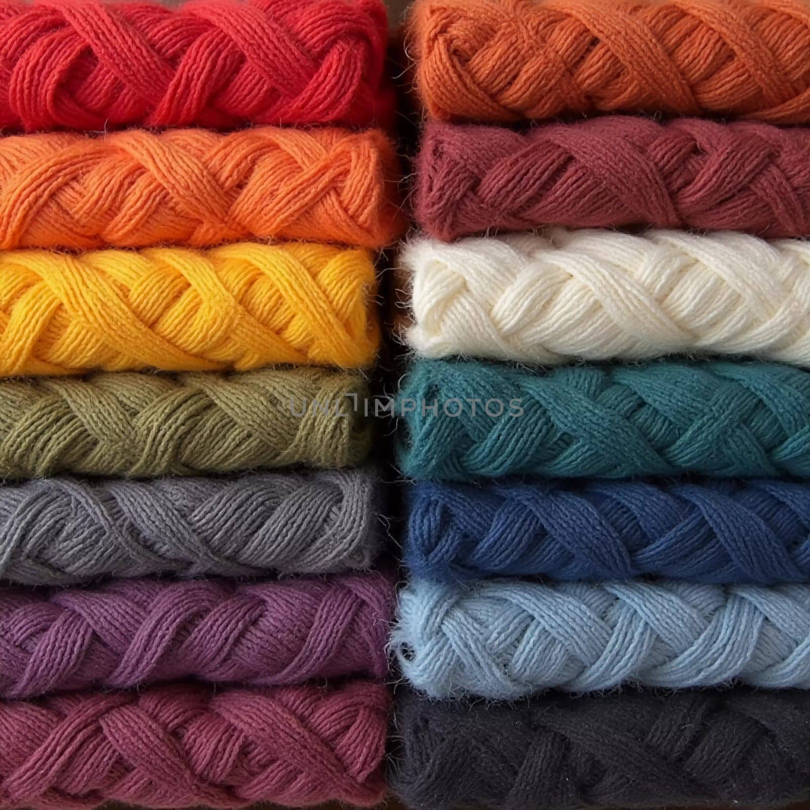 Various samples of woolen fabric in different colors are neatly organized, showcasing a vibrant palette ideal for textile design and creative projects. Generative AI.