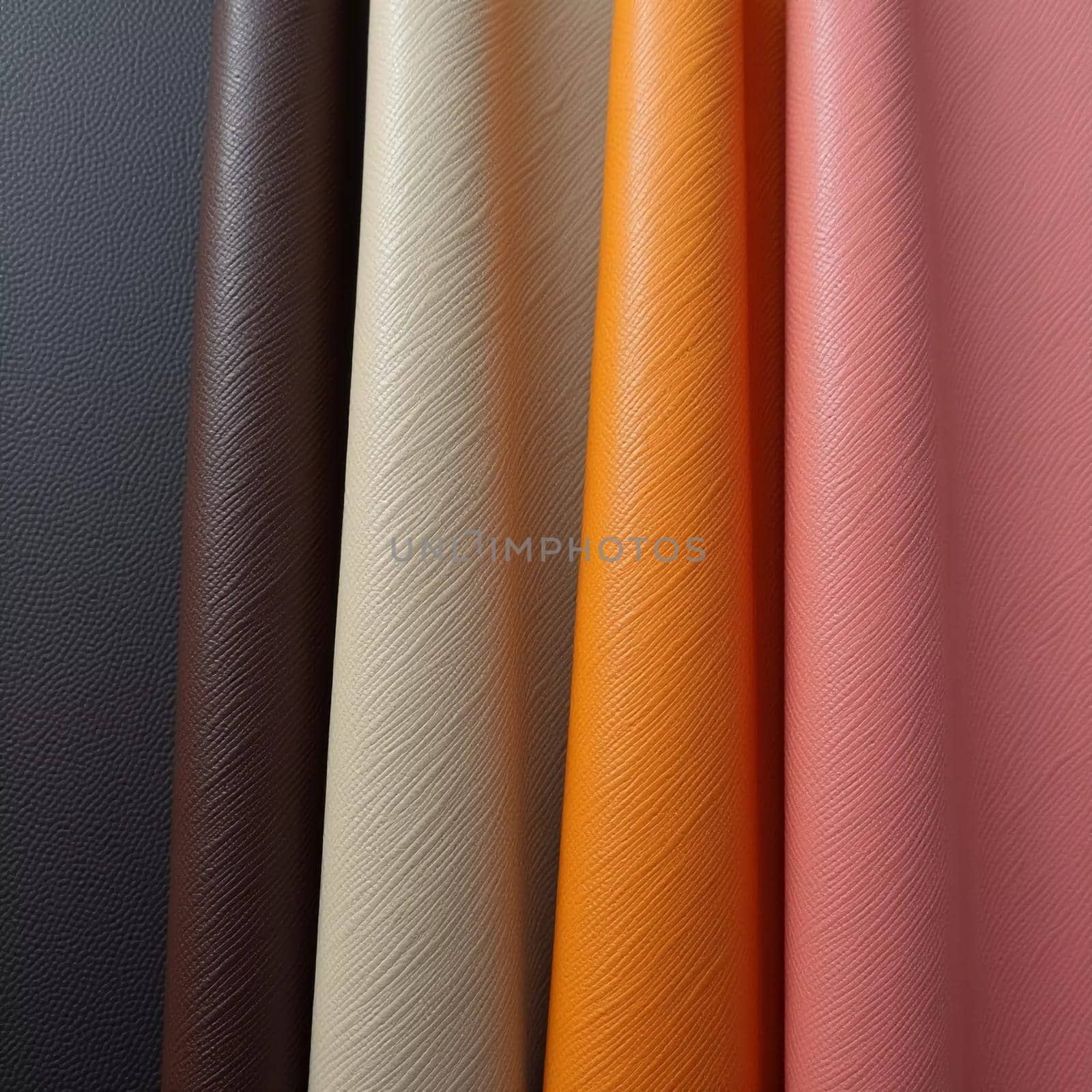 A collection of genuine pigskin leather samples showcases a variety of colors, including shades of orange, gold, brown, and black. Each piece displays unique textures and finishes. Generative AI.