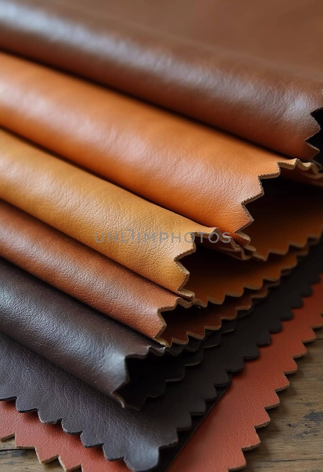 A collection of genuine pigskin leather samples showcases a variety of colors, including shades of orange, gold, brown, and black. Each piece displays unique textures and finishes. Generative AI.