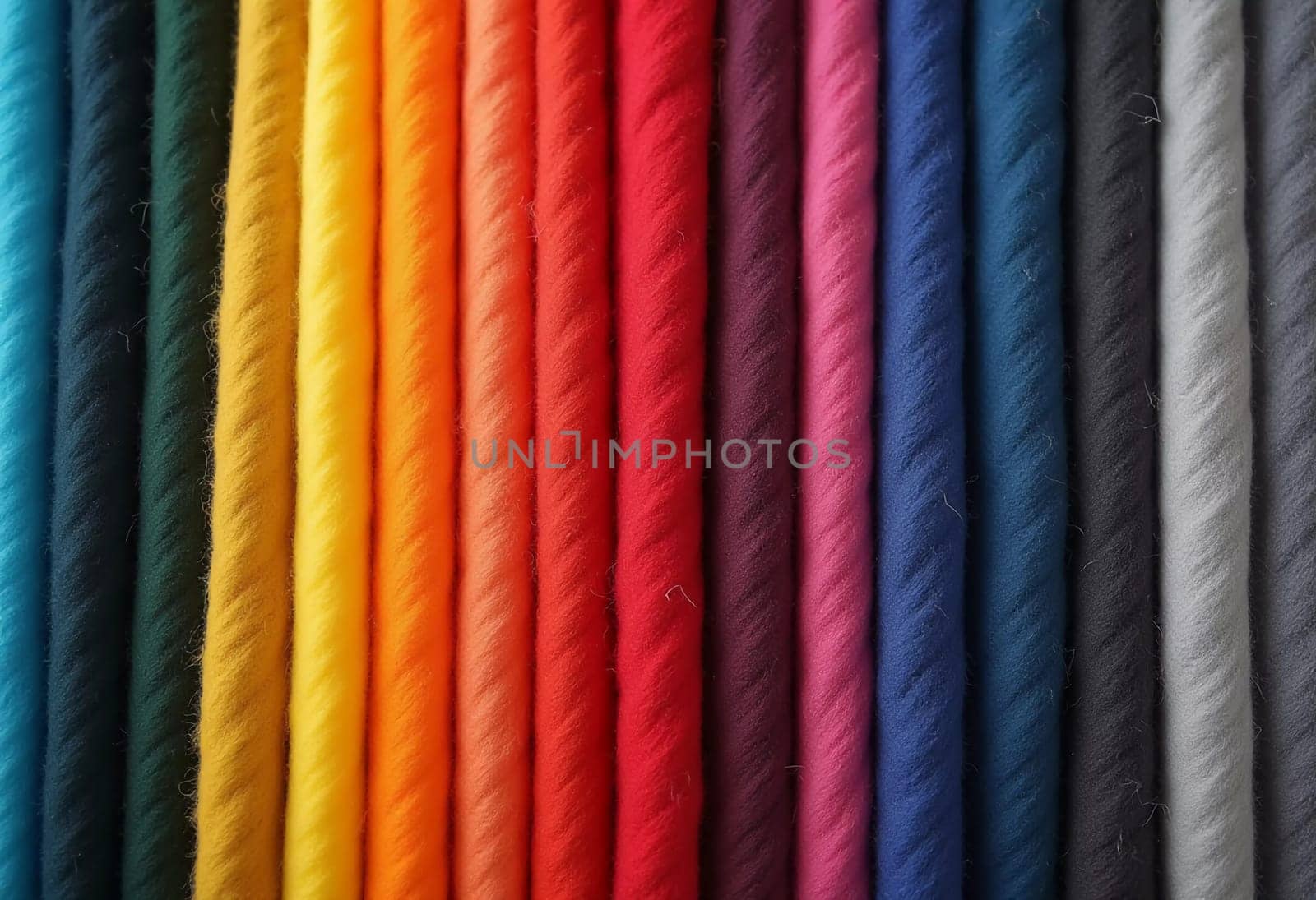 Various samples of woolen fabric in different colors are neatly organized, showcasing a vibrant palette ideal for textile design and creative projects. Generative AI.