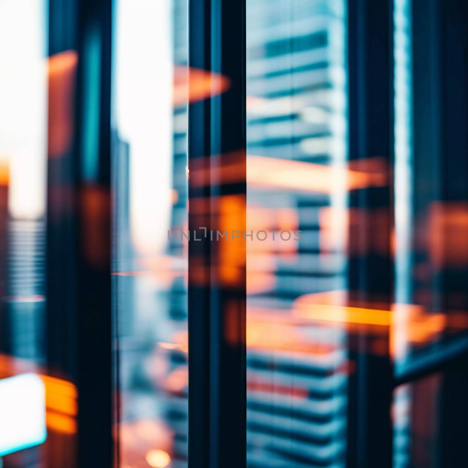 A modern urban landscape is partially obscured by a blurred glass wall. Vibrant reflections suggest evening light creating an abstract portrayal of a city skyline. Perspective. Generative AI.