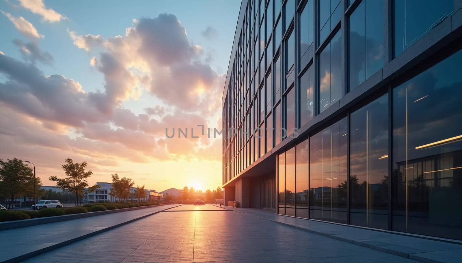 A towering office building with expansive glass windows reflects the vibrant colors of sunset. Urban surroundings and clear skies create a serene atmosphere as day transitions into night. Generate AI.