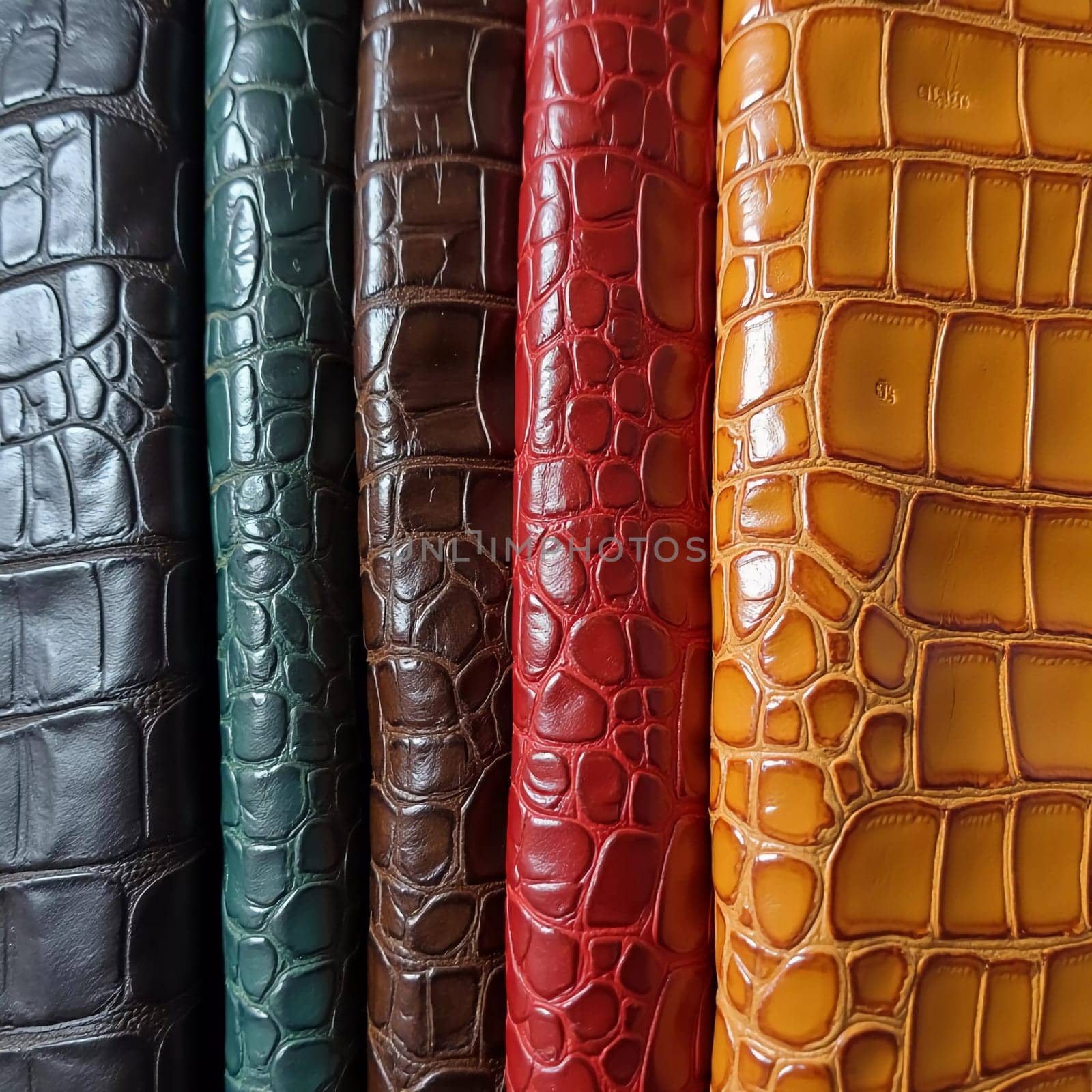 Different samples of genuine crocodile leather are arranged in vibrant colors. Each piece showcases unique textures and finishes, appealing to leather enthusiasts and designers. Generative AI.