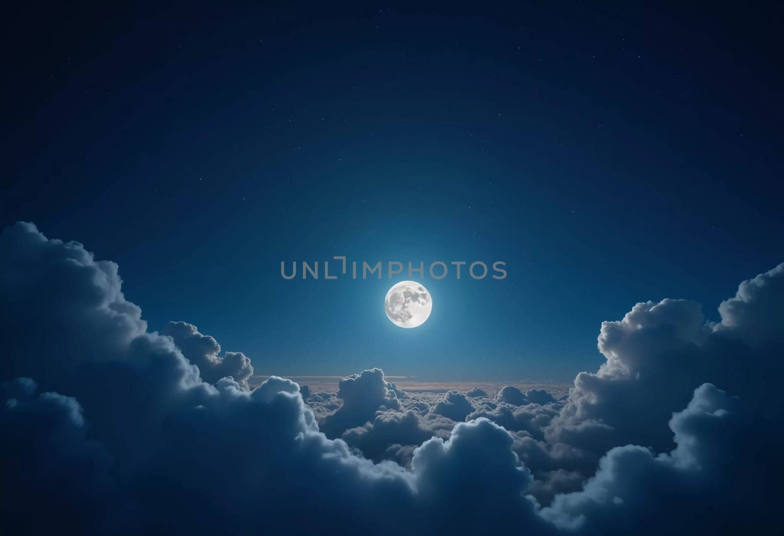 A luminous moon hangs in a dark sky, surrounded by soft clouds that create a dreamy ambiance. The scene invites quiet moments of reflection and wonder under the stars. Generative AI.