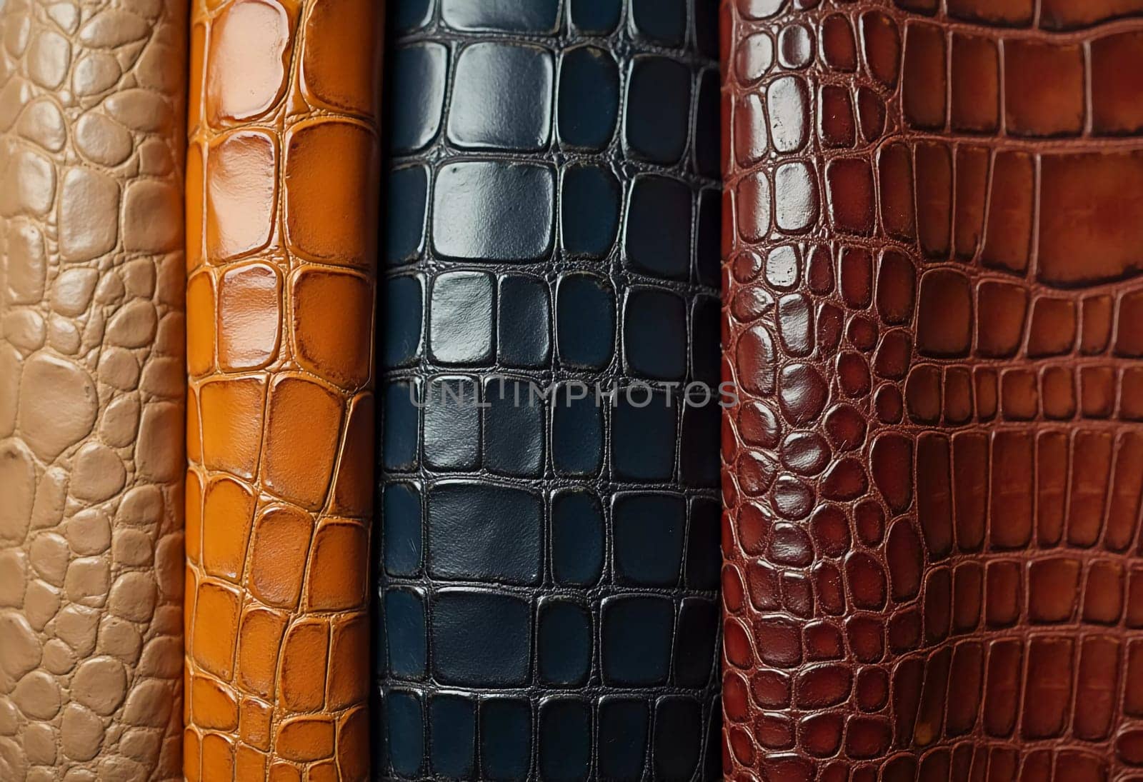 Different samples of genuine crocodile leather are arranged in vibrant colors. Each piece showcases unique textures and finishes, appealing to leather enthusiasts and designers. Generative AI.