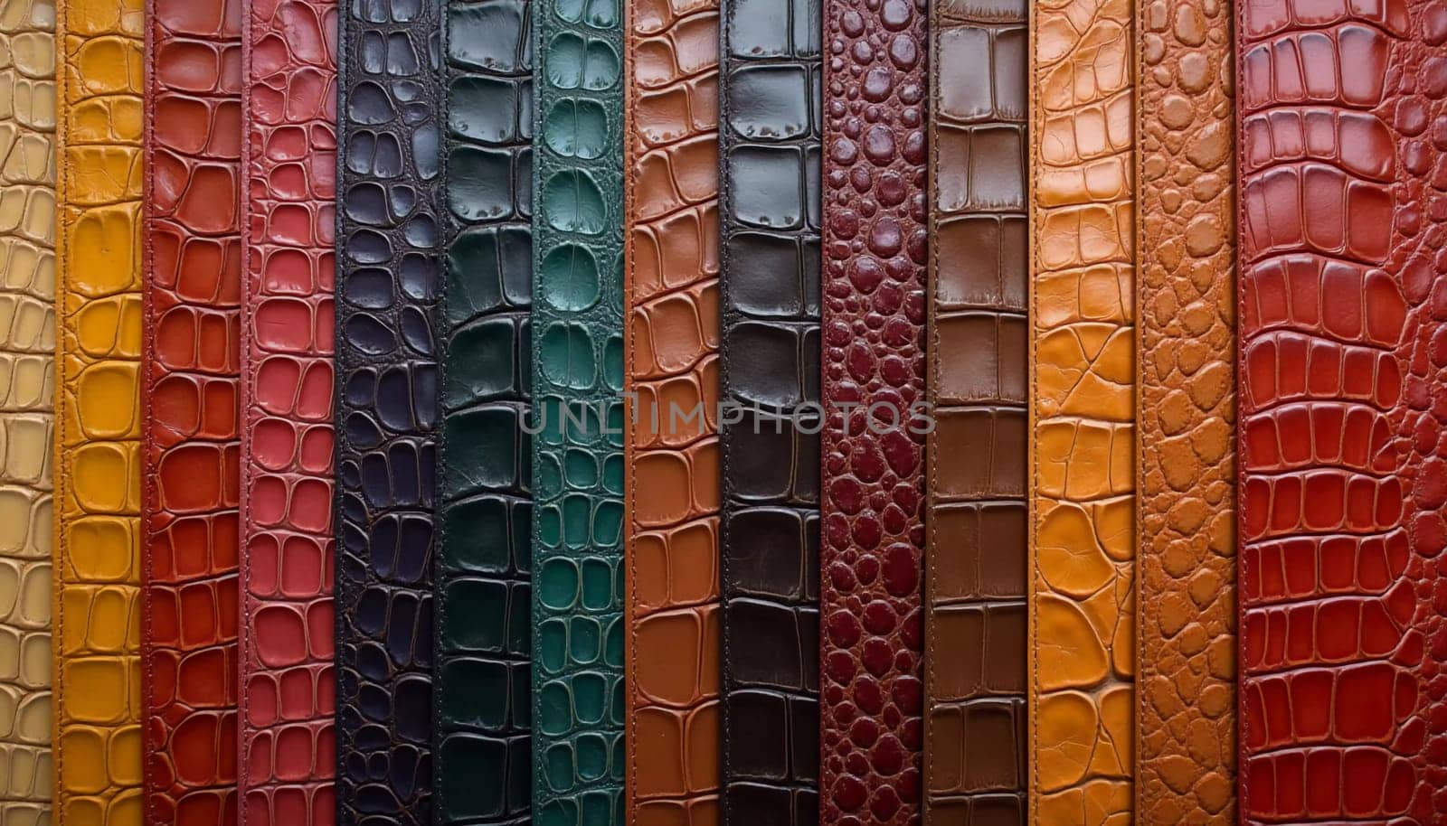 Different samples of genuine crocodile leather are arranged in vibrant colors. Each piece showcases unique textures and finishes, appealing to leather enthusiasts and designers. Generative AI.