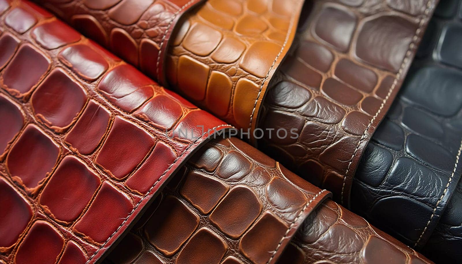 Different samples of genuine crocodile leather are arranged in vibrant colors. Each piece showcases unique textures and finishes, appealing to leather enthusiasts and designers. Generative AI.