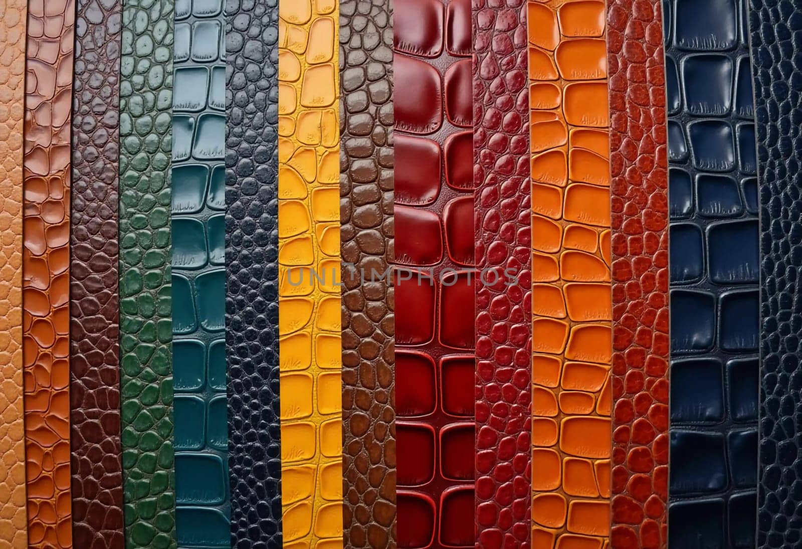 Different samples of genuine crocodile leather are arranged in vibrant colors. Each piece showcases unique textures and finishes, appealing to leather enthusiasts and designers. Generative AI.