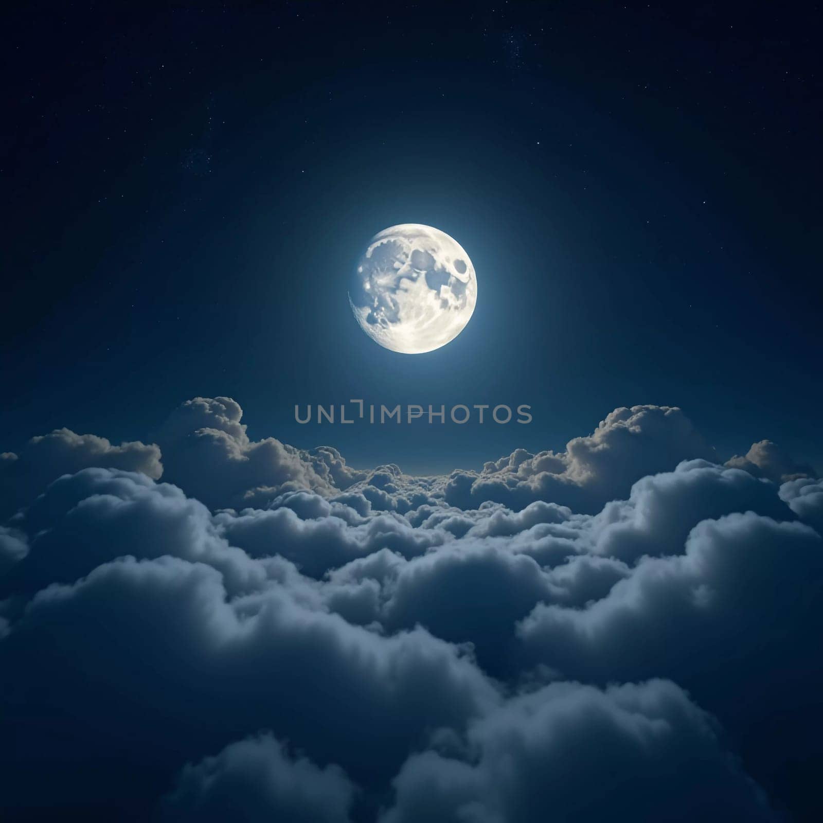 A luminous moon hangs in a dark sky, surrounded by soft clouds that create a dreamy ambiance. The scene invites quiet moments of reflection and wonder under the stars. Generative AI.