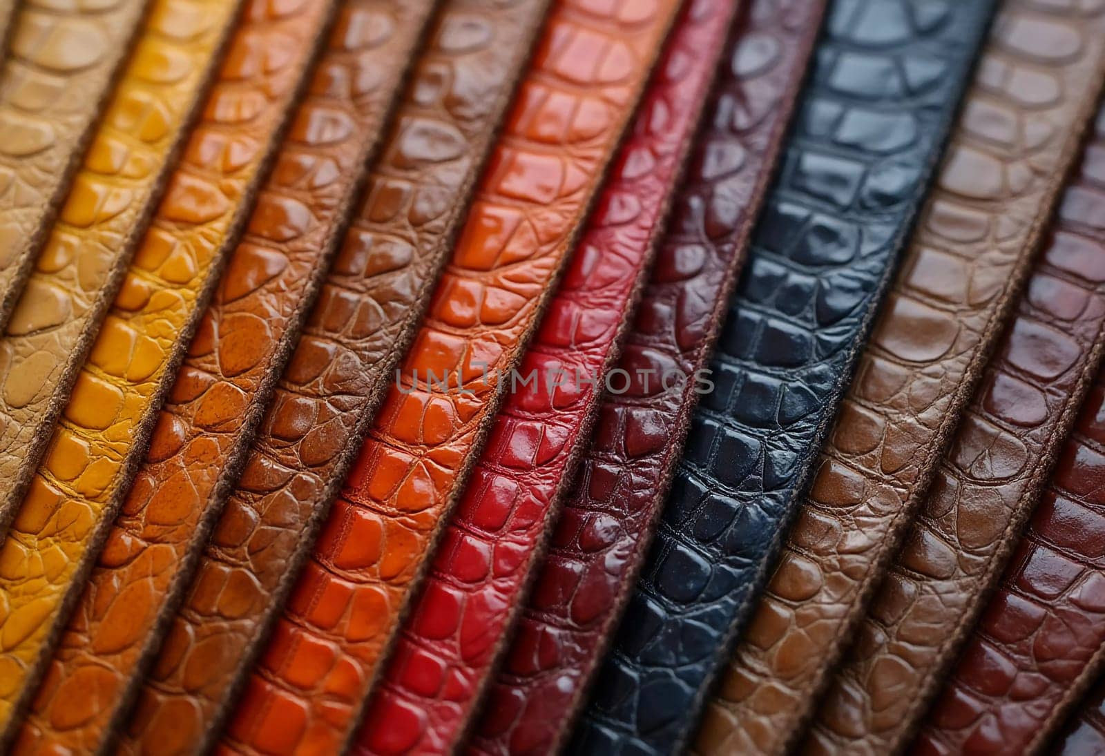 Different samples of genuine crocodile leather are arranged in vibrant colors. Each piece showcases unique textures and finishes, appealing to leather enthusiasts and designers. Generative AI.
