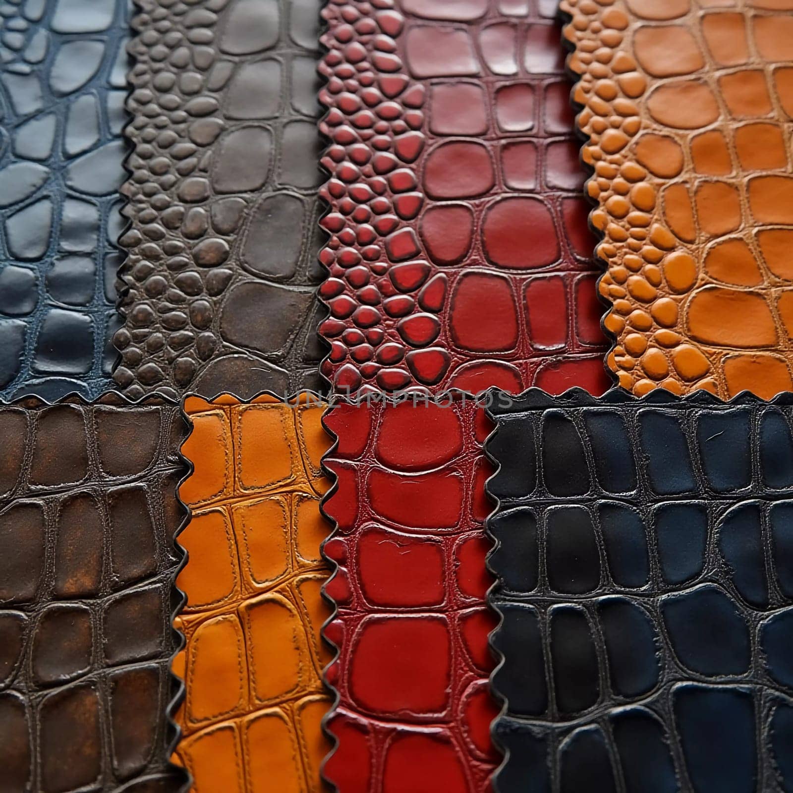 Different samples of genuine crocodile leather are arranged in vibrant colors. Each piece showcases unique textures and finishes, appealing to leather enthusiasts and designers. Generative AI.