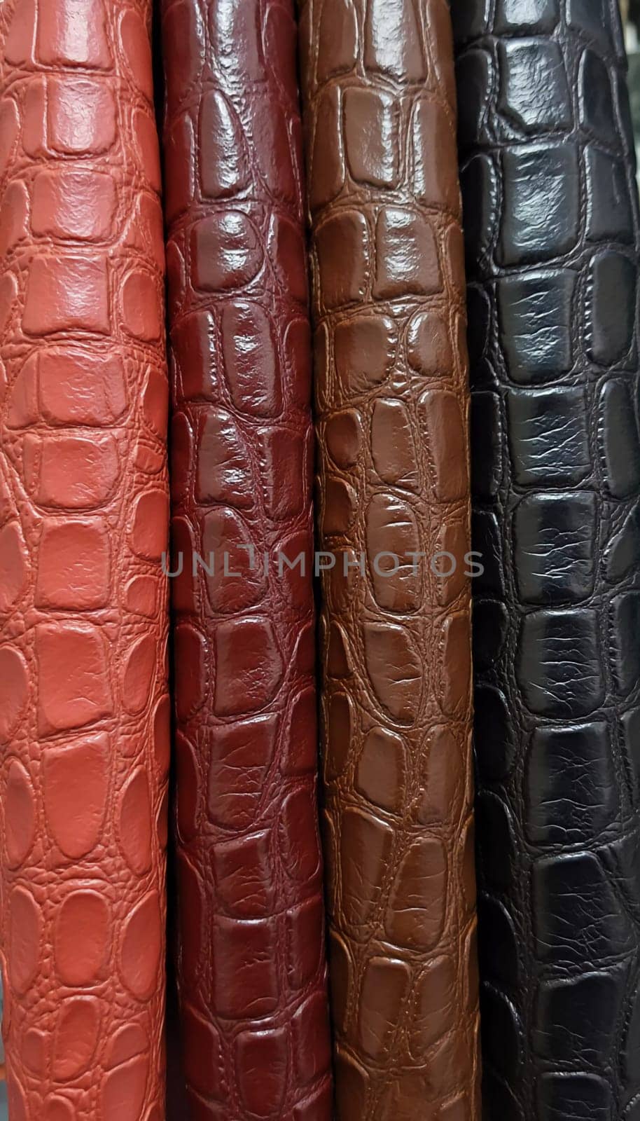 Different samples of genuine crocodile leather are arranged in vibrant colors. Each piece showcases unique textures and finishes, appealing to leather enthusiasts and designers. Generative AI.