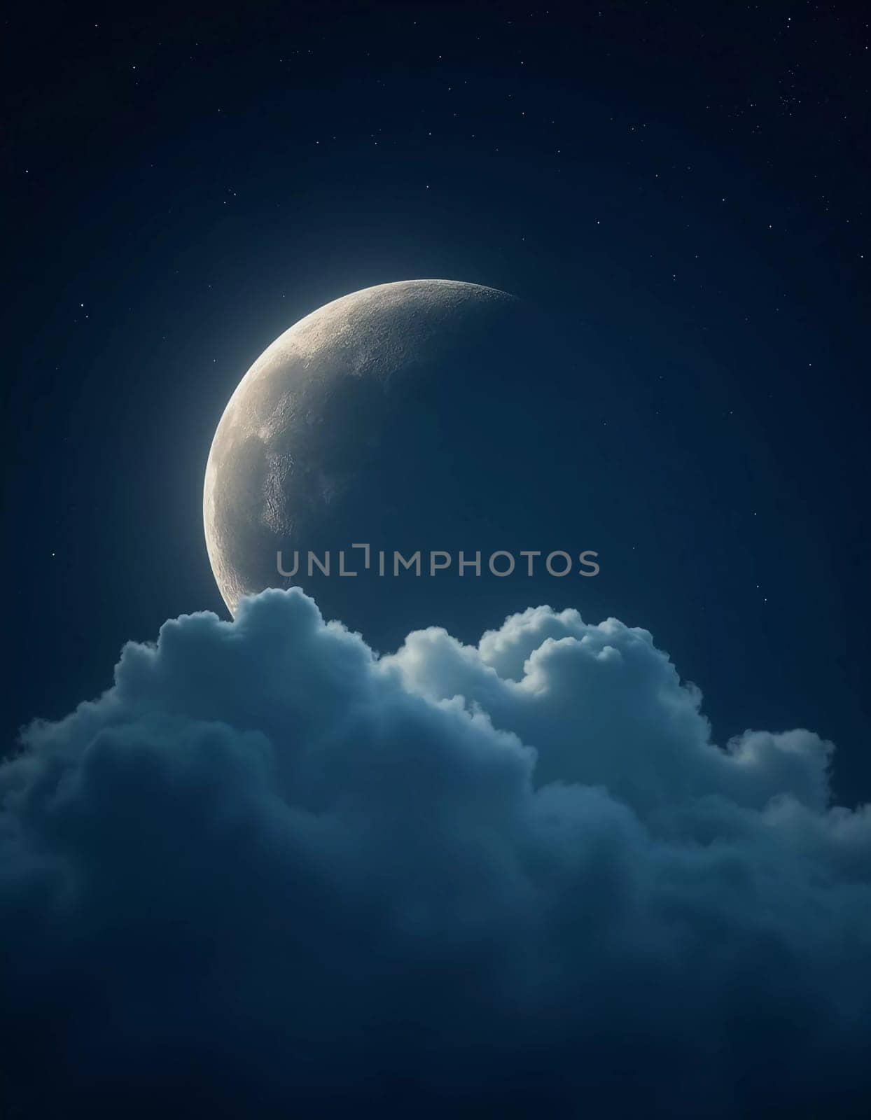 A luminous moon hangs in a dark sky, surrounded by soft clouds that create a dreamy ambiance. The scene invites quiet moments of reflection and wonder under the stars. Generative AI.