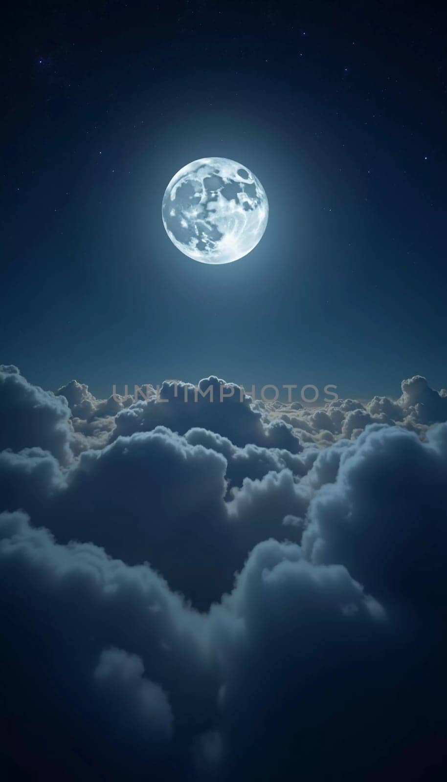 A luminous moon hangs in a dark sky, surrounded by soft clouds that create a dreamy ambiance. The scene invites quiet moments of reflection and wonder under the stars. Generative AI.