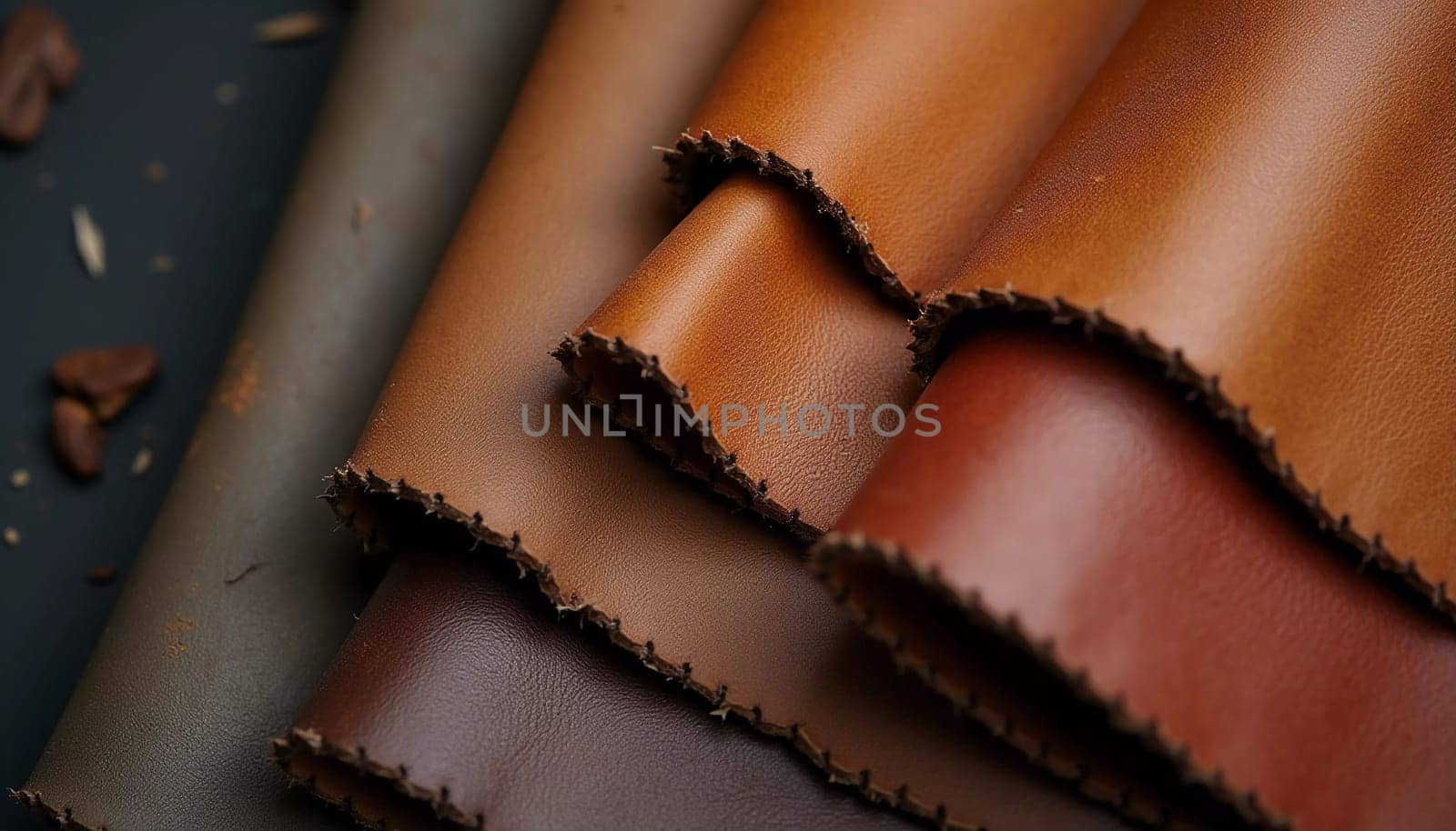 Samples of genuine cow leather in different colors are arranged neatly on a surface, showcasing the unique textures and qualities of each piece. This collection highlights craftsmanship. GenerativeAI