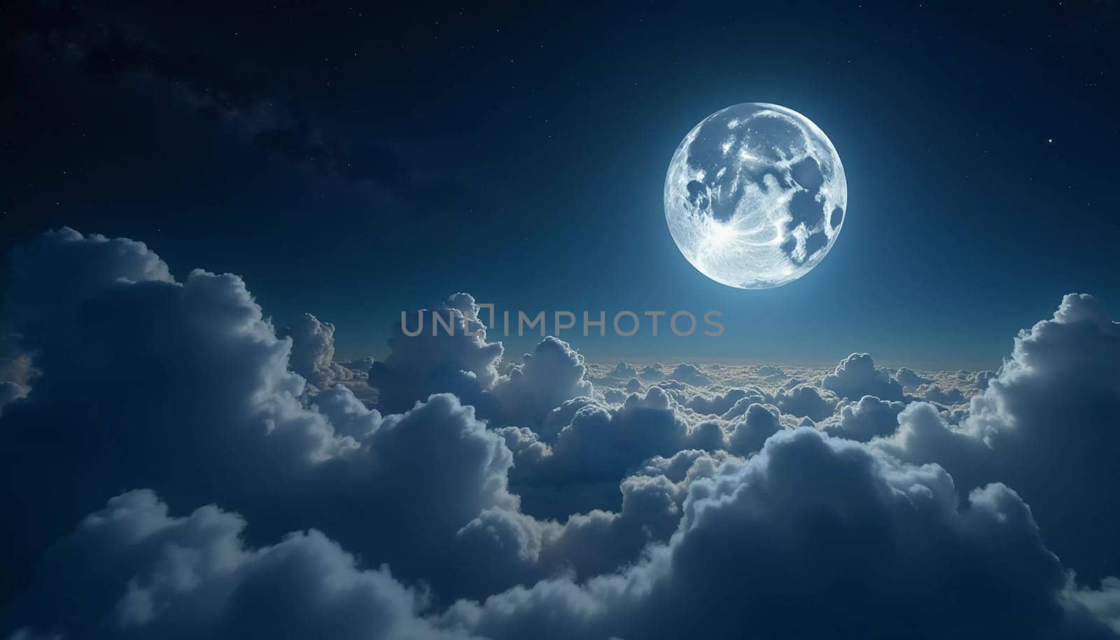 A luminous moon hangs in a dark sky, surrounded by soft clouds that create a dreamy ambiance. The scene invites quiet moments of reflection and wonder under the stars. Generative AI.