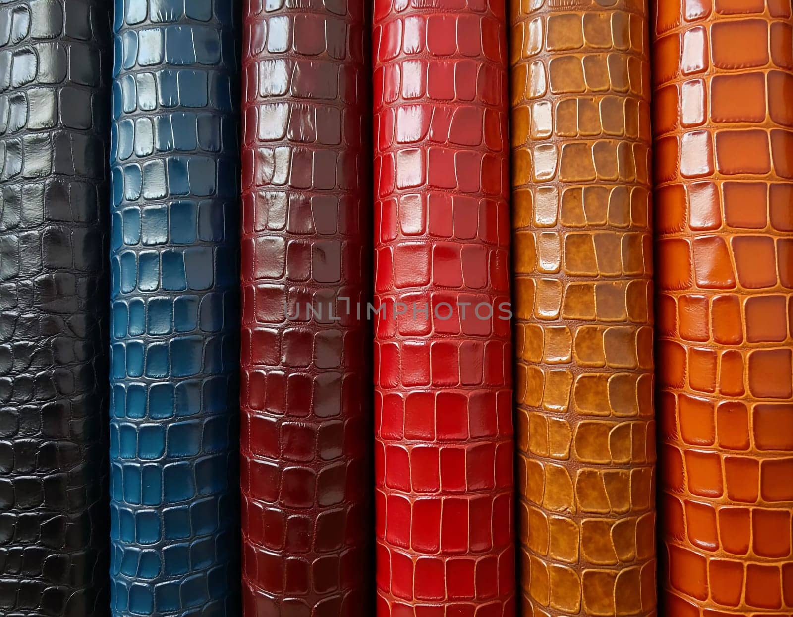 Different samples of genuine crocodile leather are arranged in vibrant colors. Each piece showcases unique textures and finishes, appealing to leather enthusiasts and designers. Generative AI.