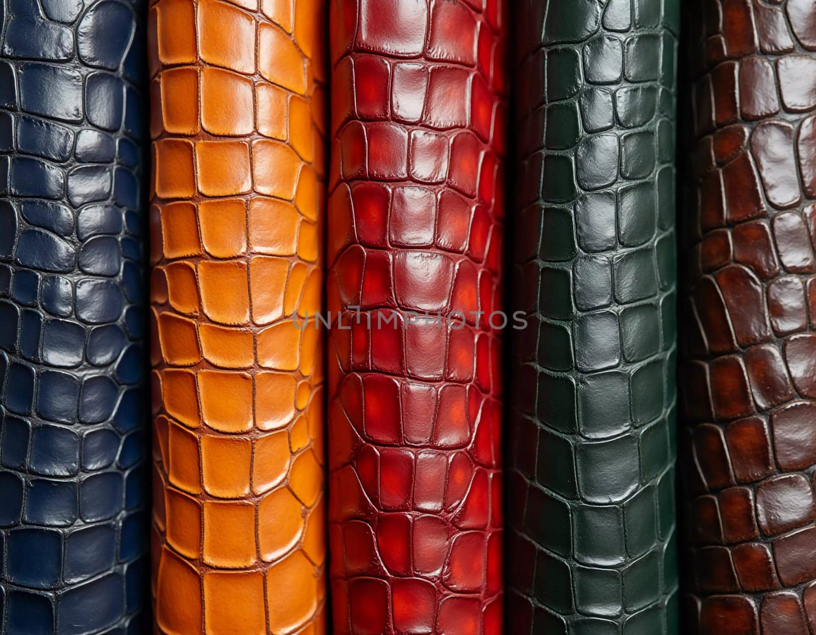 Different samples of genuine crocodile leather are arranged in vibrant colors. Each piece showcases unique textures and finishes, appealing to leather enthusiasts and designers. Generative AI.
