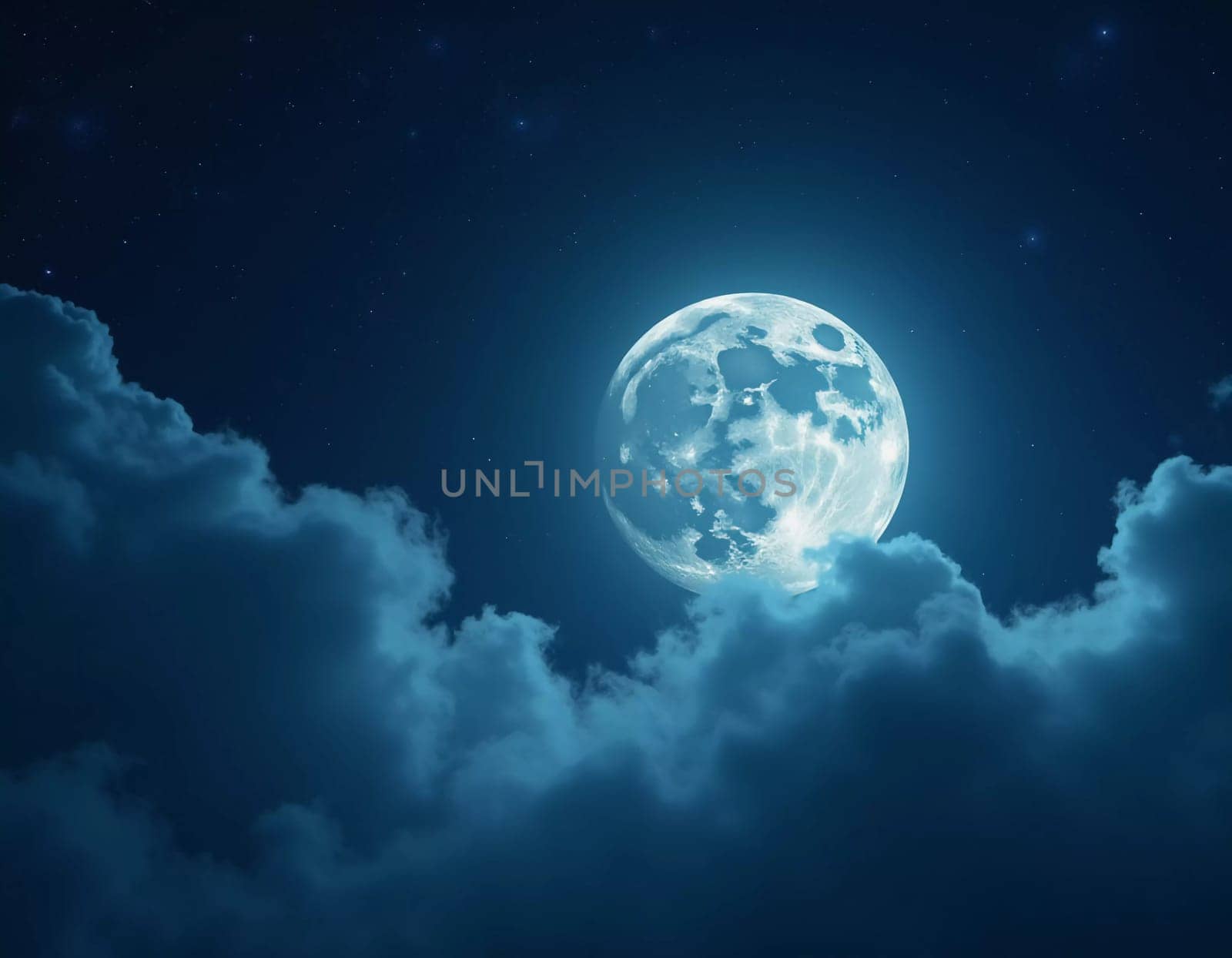 A luminous moon hangs in a dark sky, surrounded by soft clouds that create a dreamy ambiance. The scene invites quiet moments of reflection and wonder under the stars. Generative AI.