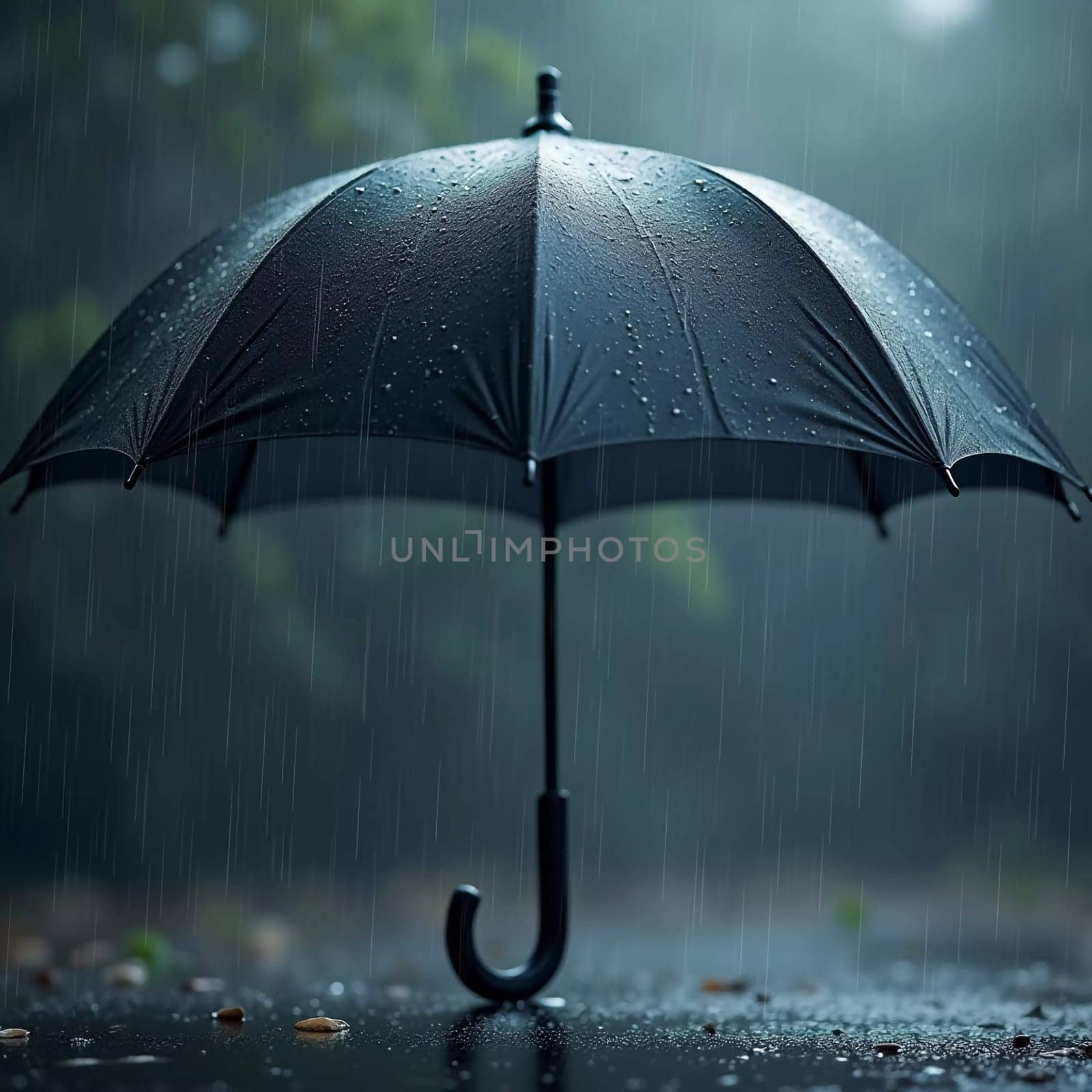 A black umbrella stands upright in a puddle as heavy rain falls around it. The backdrop features blurred greenery, enhancing the atmosphere of a typical rainy day. Generative AI.