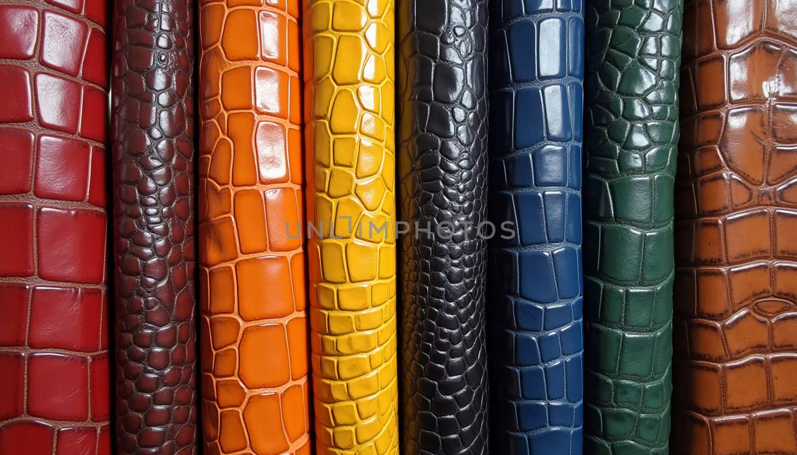 Different samples of genuine crocodile leather are arranged in vibrant colors. Each piece showcases unique textures and finishes, appealing to leather enthusiasts and designers. Generative AI.