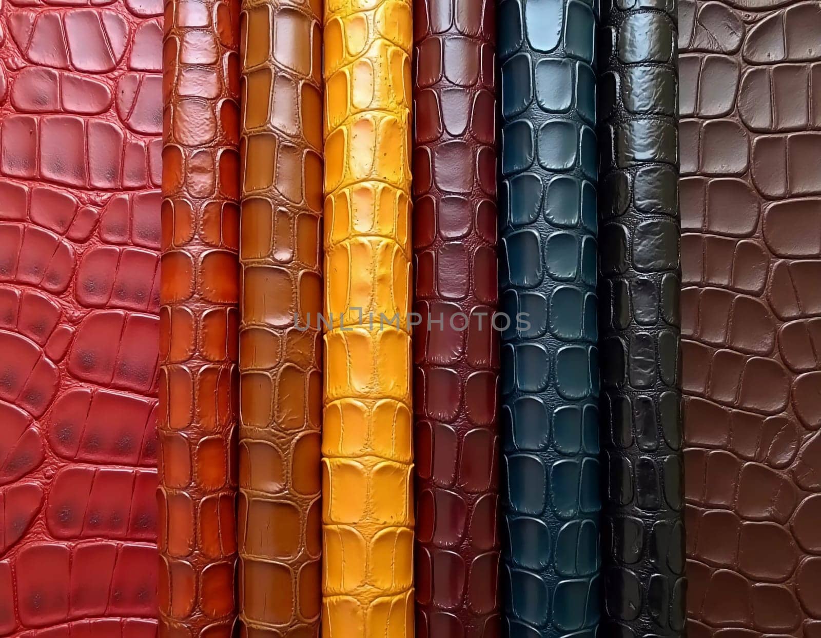 Different samples of genuine crocodile leather are arranged in vibrant colors. Each piece showcases unique textures and finishes, appealing to leather enthusiasts and designers. Generative AI.