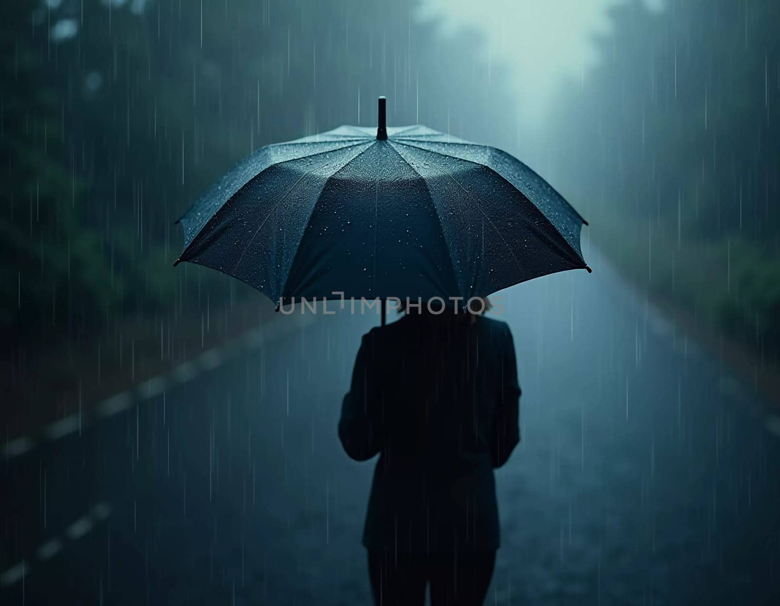 A figure in a dark coat strolls down a wet city street, holding a black umbrella against the pouring rain. Raindrops cascade around, creating a moody atmosphere in the evening light. Generative AI.