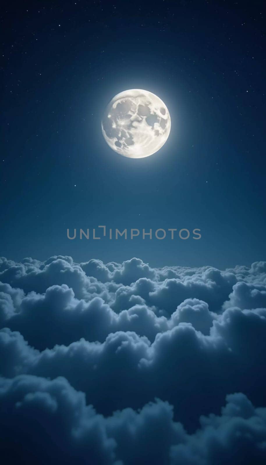 A luminous moon hangs in a dark sky, surrounded by soft clouds that create a dreamy ambiance. The scene invites quiet moments of reflection and wonder under the stars. Generative AI.