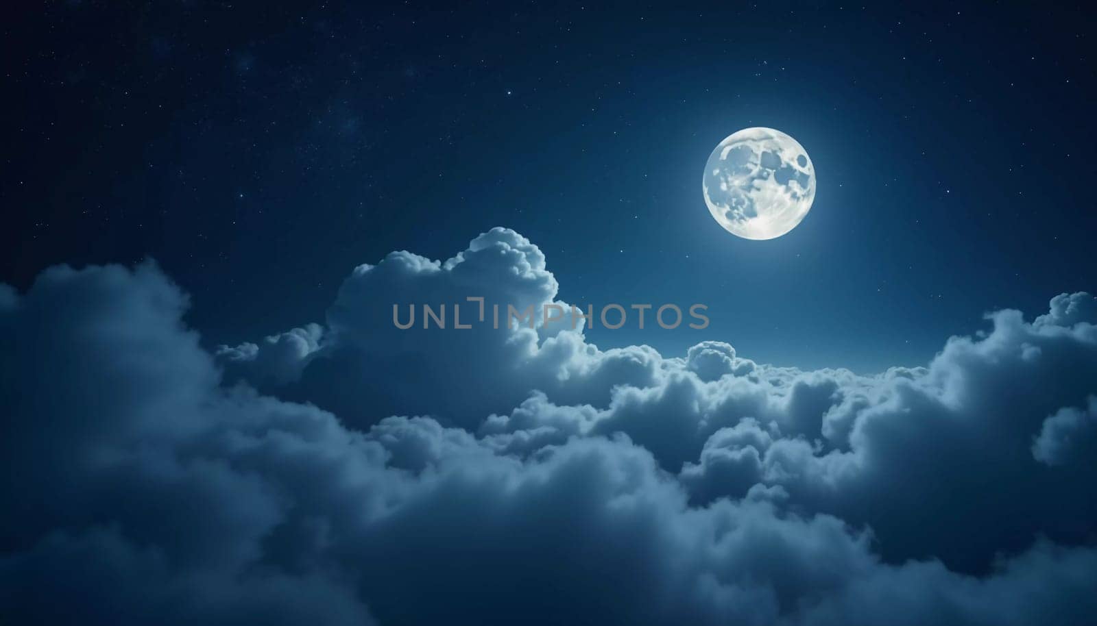 A luminous moon hangs in a dark sky, surrounded by soft clouds that create a dreamy ambiance. The scene invites quiet moments of reflection and wonder under the stars. Generative AI.