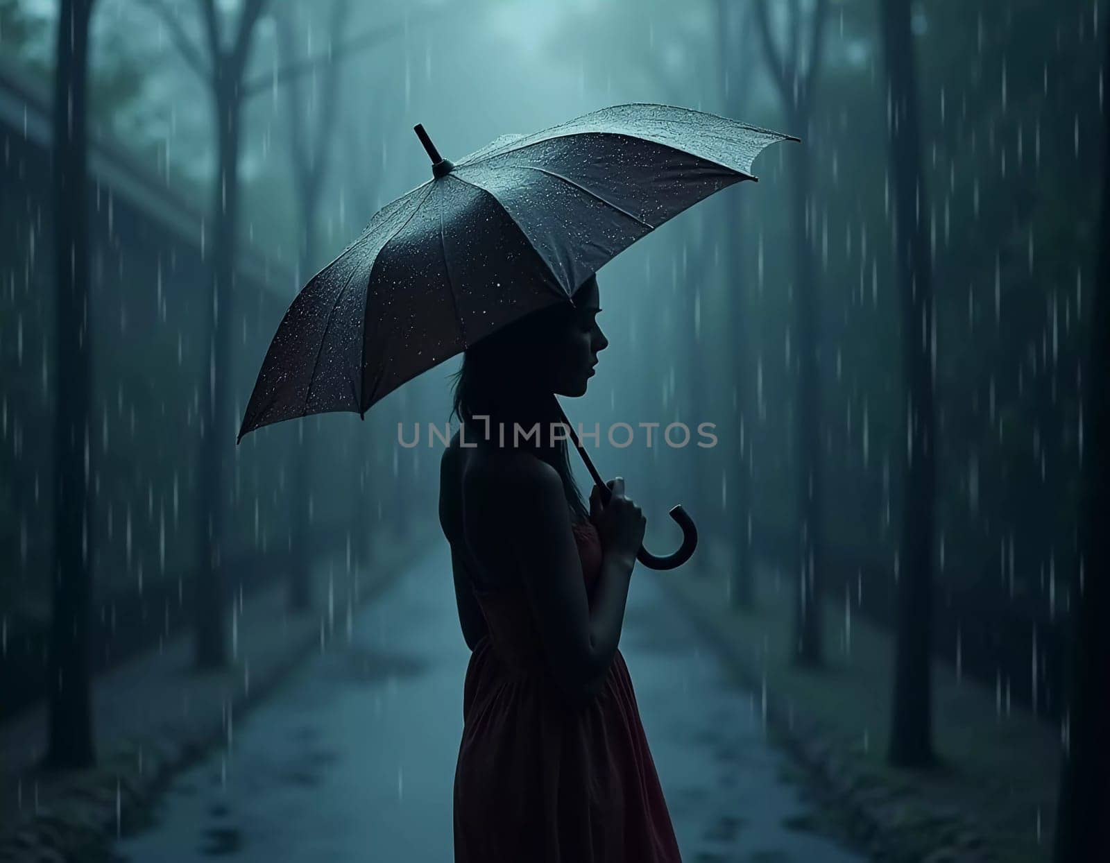 A figure in a dark coat strolls down a wet city street, holding a black umbrella against the pouring rain. Raindrops cascade around, creating a moody atmosphere in the evening light. Generative AI.