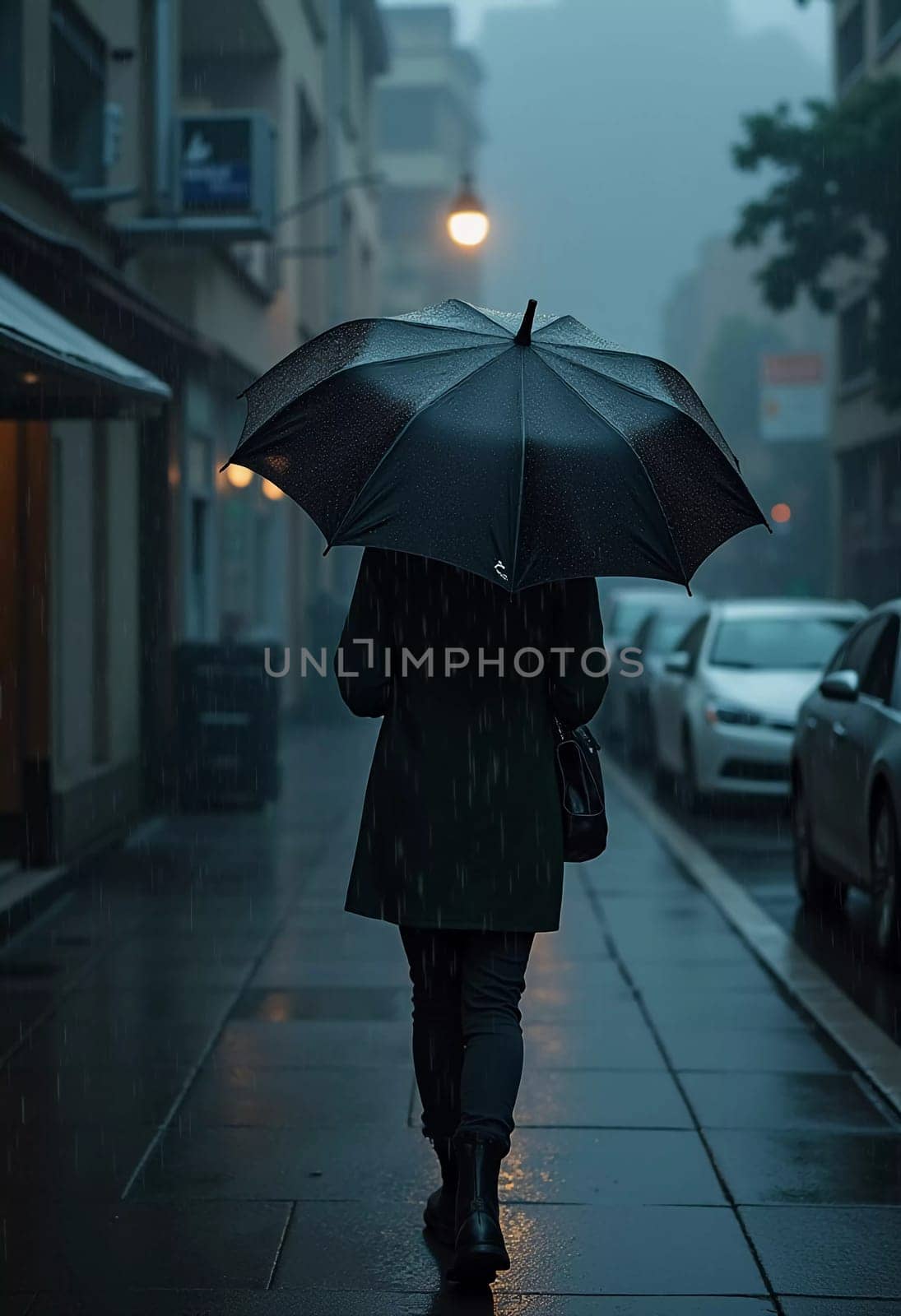 A figure in a dark coat strolls down a wet city street, holding a black umbrella against the pouring rain. Raindrops cascade around, creating a moody atmosphere in the evening light. Generative AI.