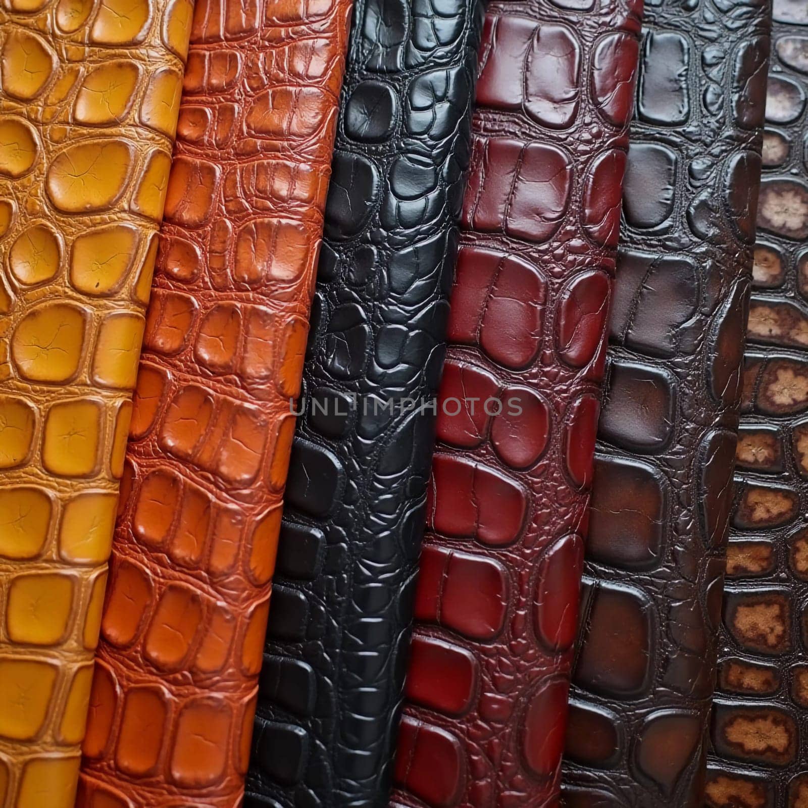 Different samples of genuine crocodile leather are arranged in vibrant colors. Each piece showcases unique textures and finishes, appealing to leather enthusiasts and designers. Generative AI.