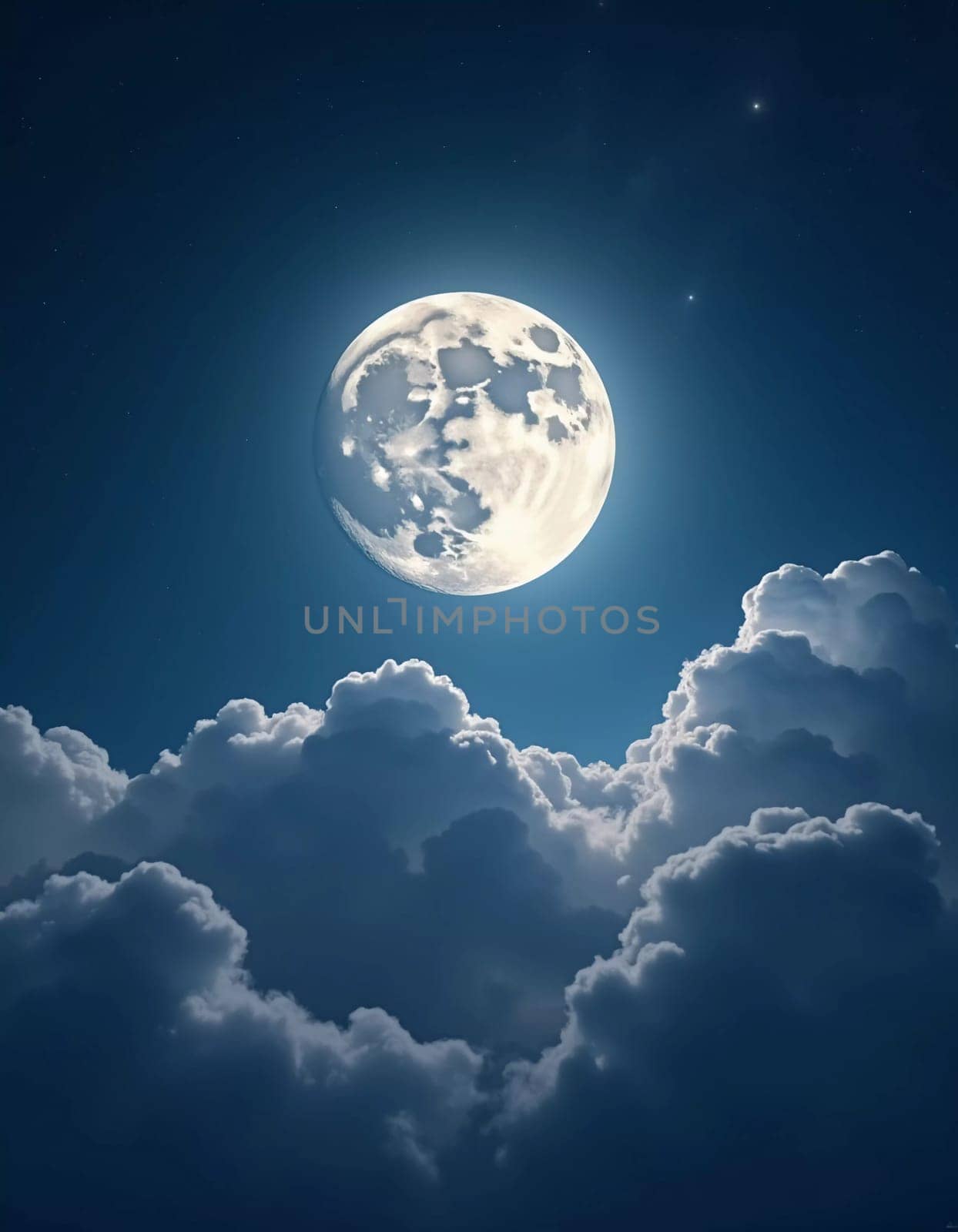 A luminous moon hangs in a dark sky, surrounded by soft clouds that create a dreamy ambiance. The scene invites quiet moments of reflection and wonder under the stars. Generative AI.