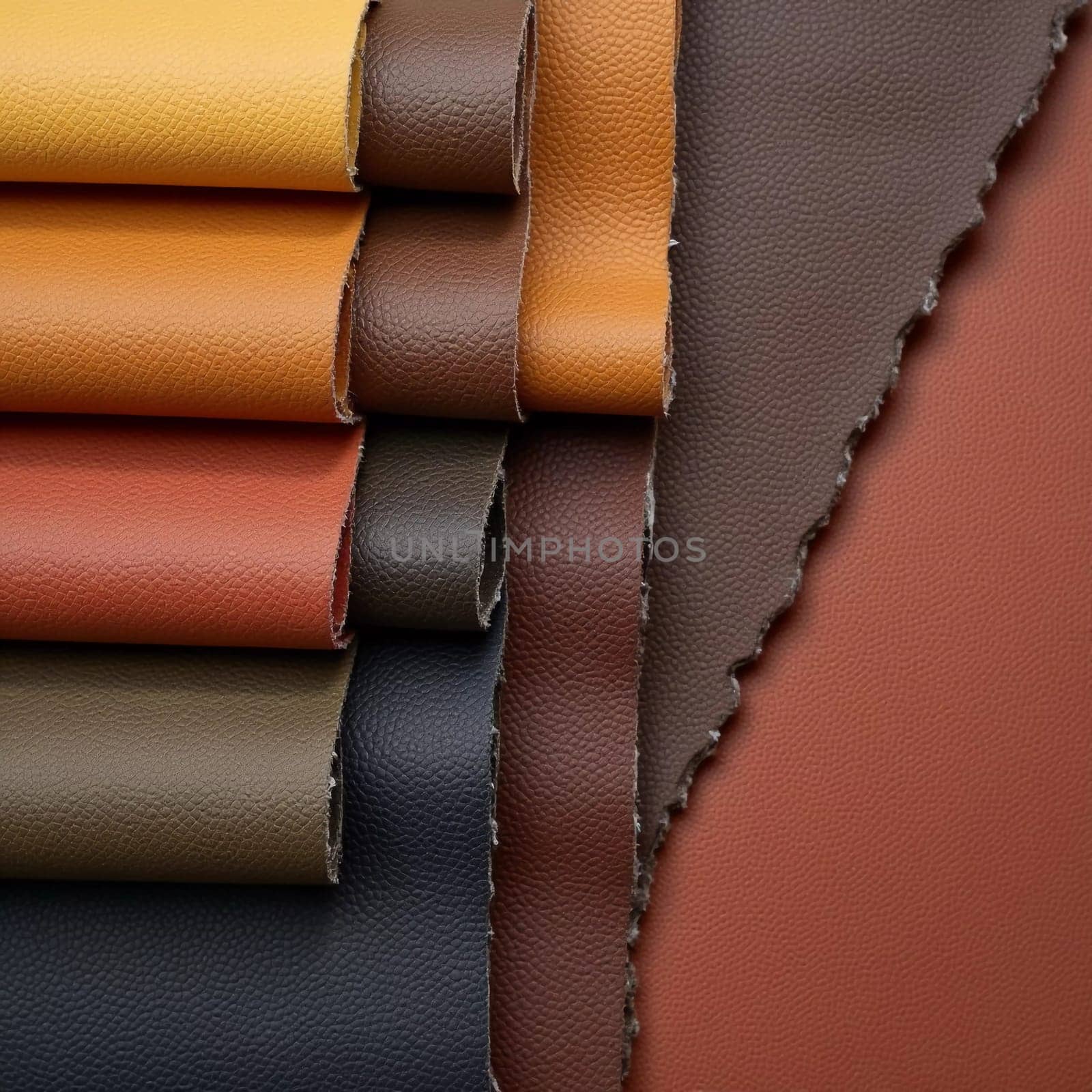 A collection of genuine pigskin leather samples showcases a variety of colors, including shades of orange, gold, brown, and black. Each piece displays unique textures and finishes. Generative AI.