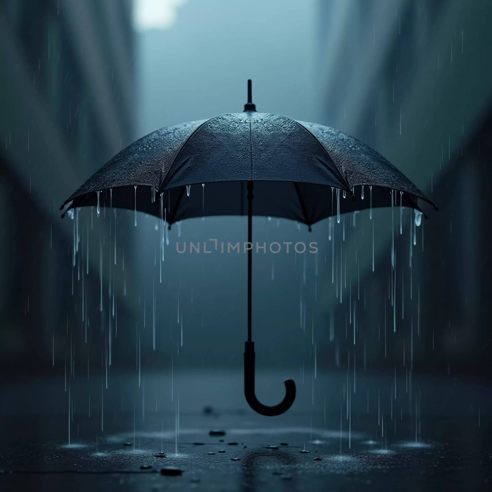 A black umbrella stands upright in a puddle as heavy rain falls around it. The backdrop features blurred greenery, enhancing the atmosphere of a typical rainy day. Generative AI.