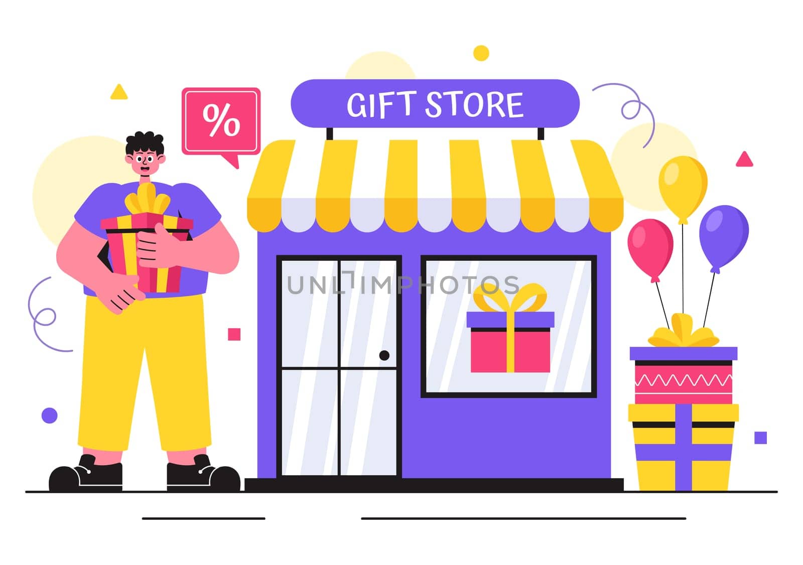 Gifts Store Vector Illustration featuring Wrapped Gift Boxes with Ribbons and Confetti, Perfect for Surprising Your Friends in a Flat Style Background