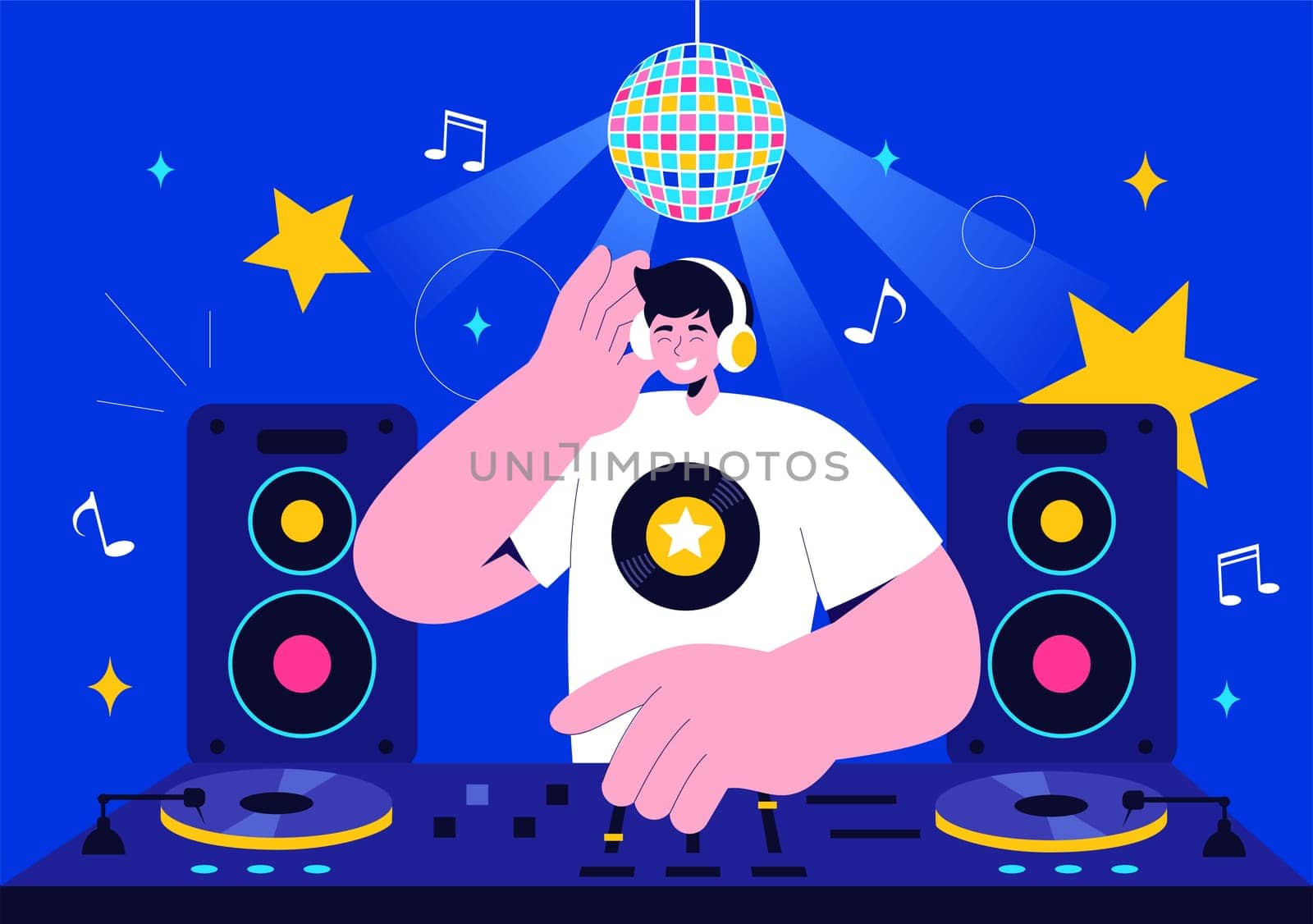 DJ Vector Illustration Featuring a Young Musician Wearing Headphones, Mixing Music on a Turntable, Nightlife Club Lifestyle at a Nightclub Party