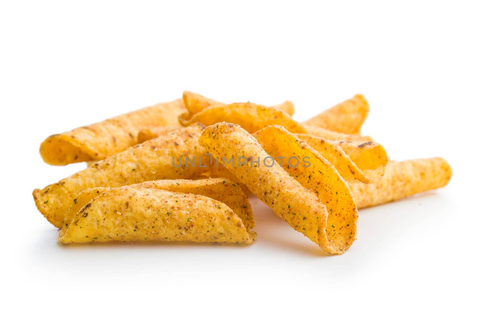 Rolled nachos tortilla chips isolated on a white background.