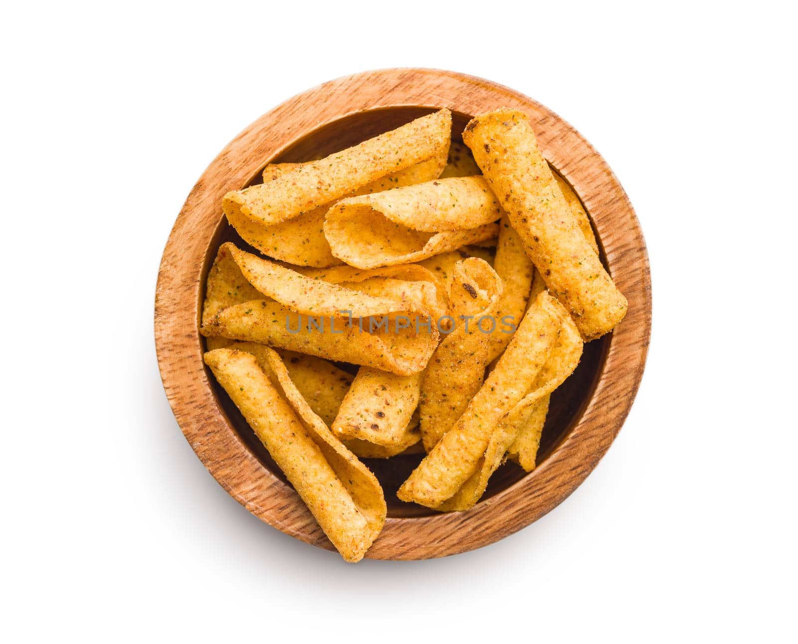 Rolled nachos tortilla chips in boowl isolated on a white background.