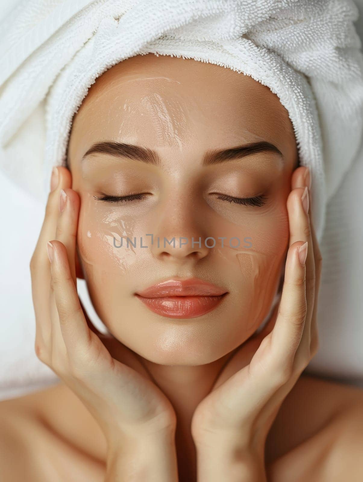 A woman enjoys a serene moment with a facial treatment, her hands gently cradling her face, epitomizing the relaxation and care of a spa day