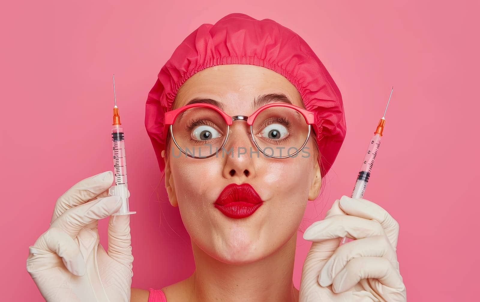 A woman humorously reacts to holding two cosmetic syringes, her wide-eyed expression and playful demeanor adding a comedic twist to beauty procedures
