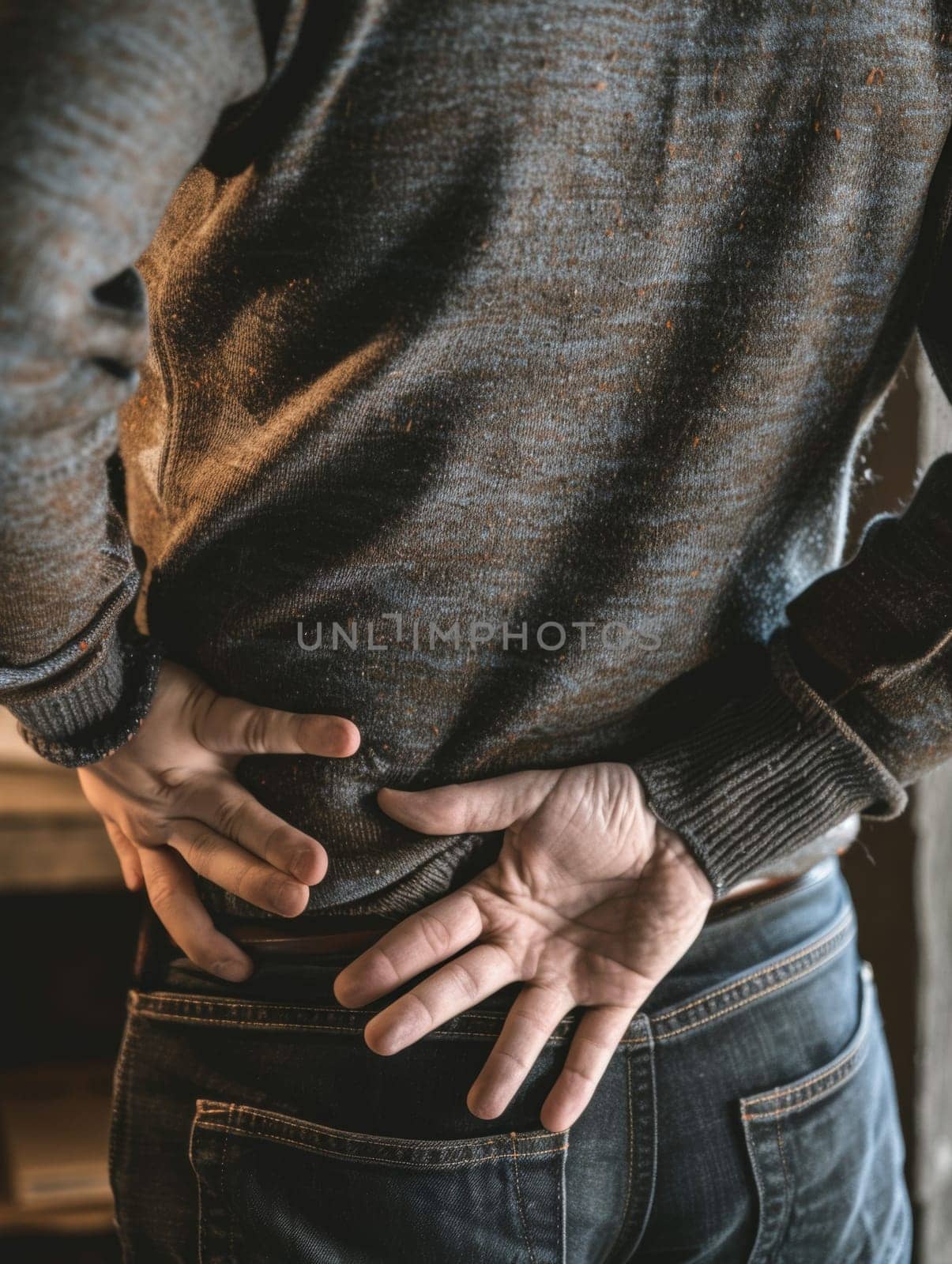 A person discreetly holds their back in pain, dressed casually in a textured sweater and trousers, highlighting everyday discomfort